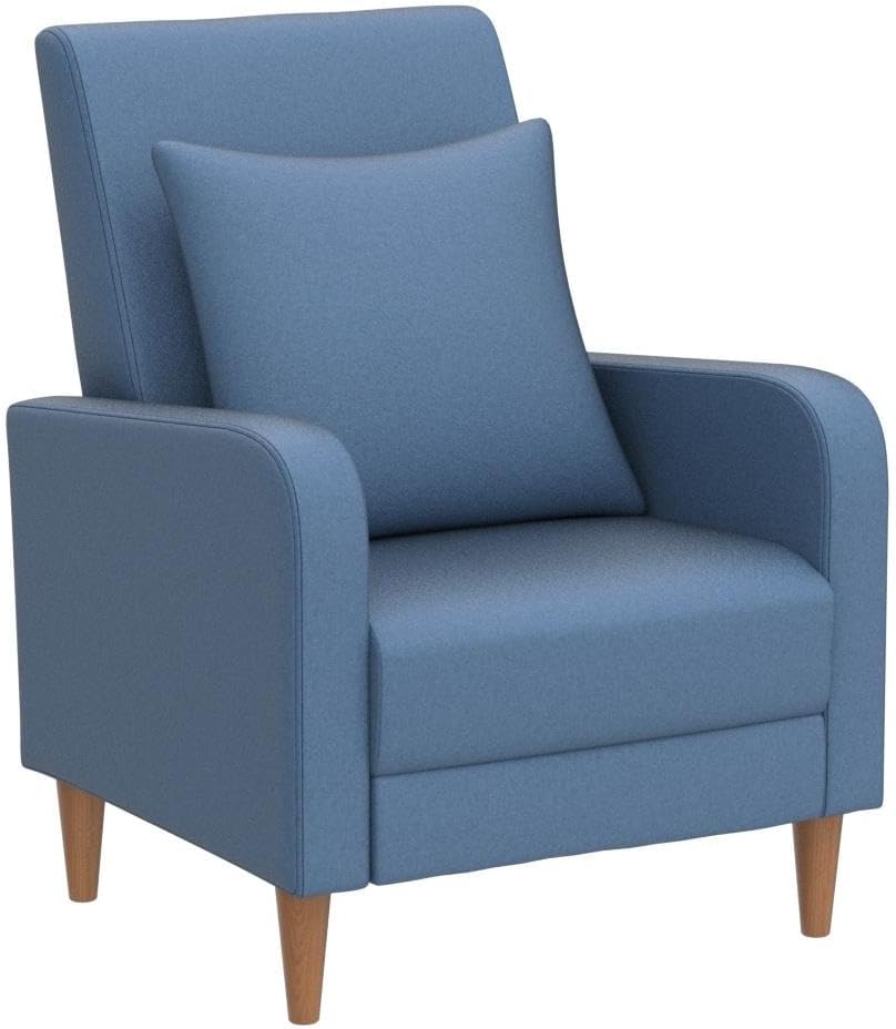 Fabric Wood Leg Accent Chair with Pillow Blue