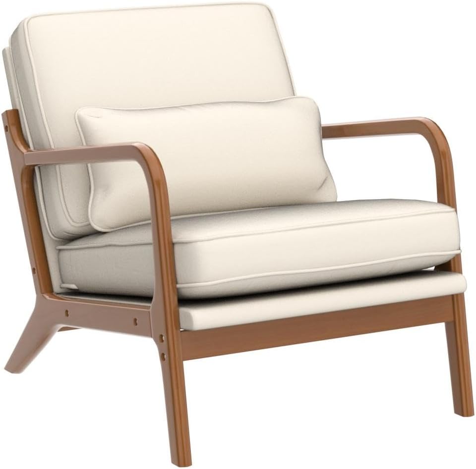 Mid Century Beige Linen Wood Frame Accent Chair