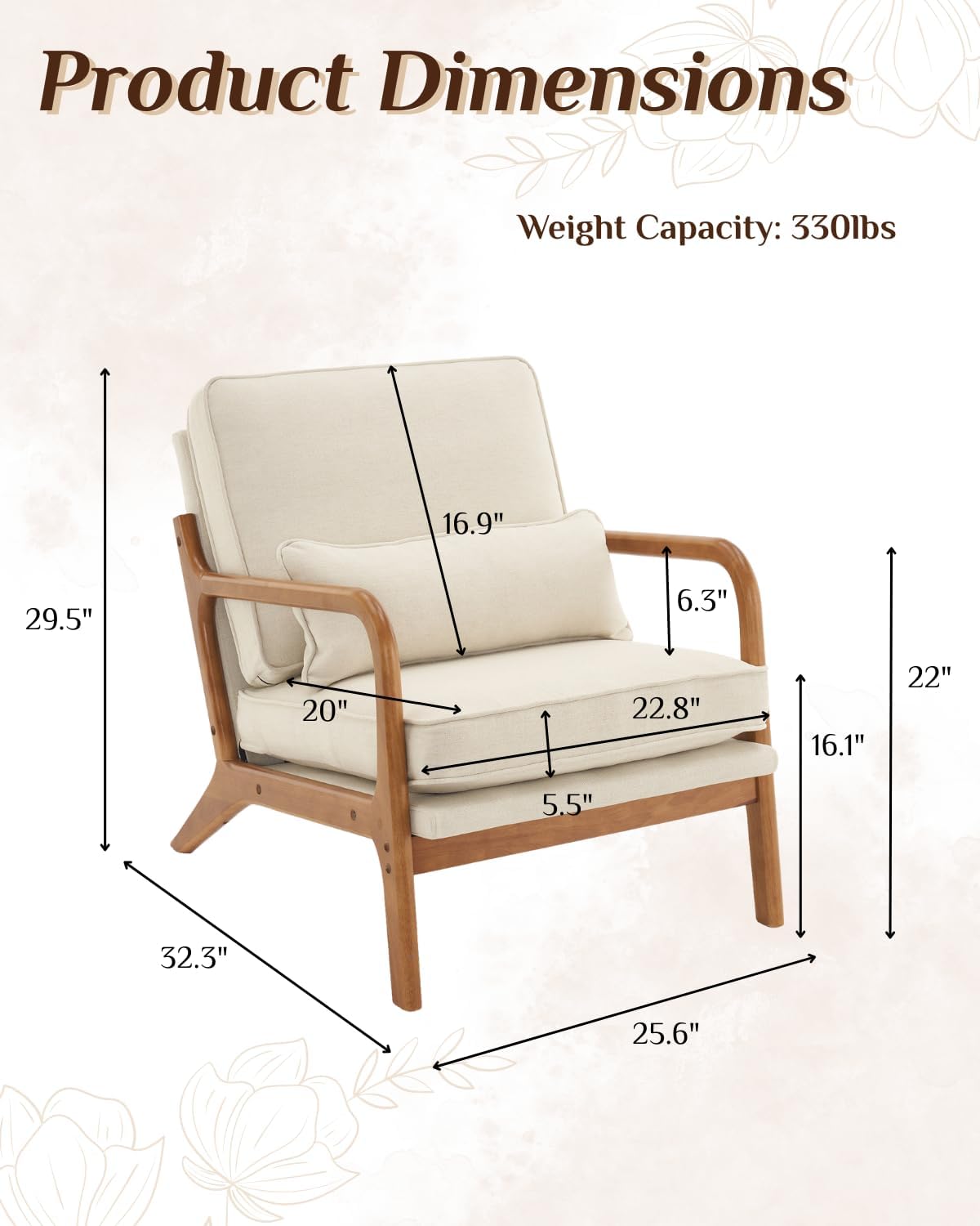 Mid Century Beige Linen Wood Frame Accent Chair