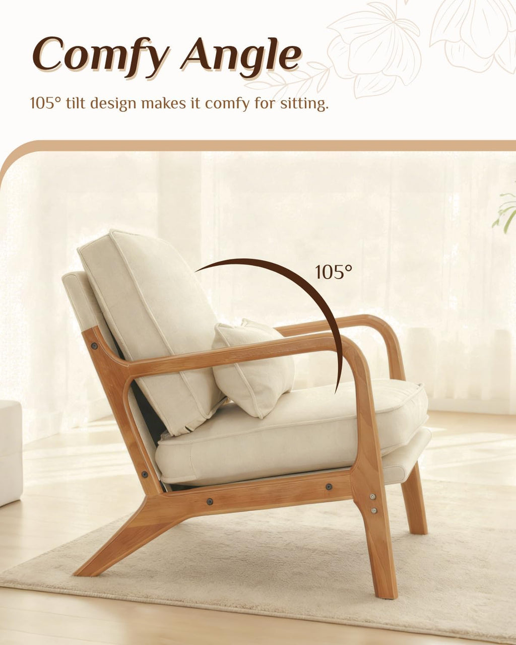 Mid Century Beige Linen Wood Frame Accent Chair