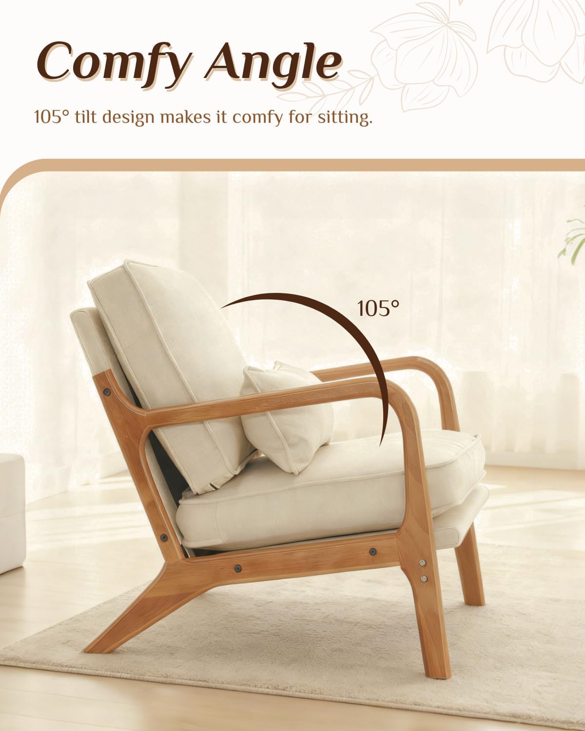 Mid Century Beige Linen Wood Frame Accent Chair