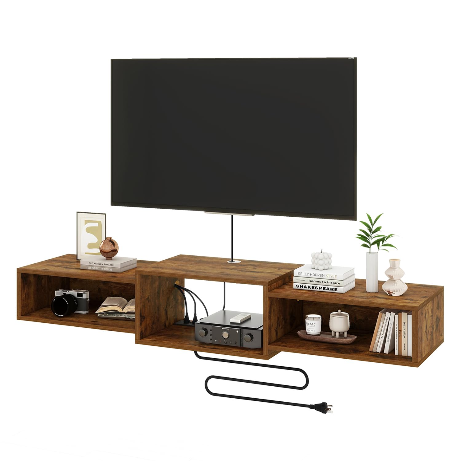 Black Floating TV Stand with Power Outlet