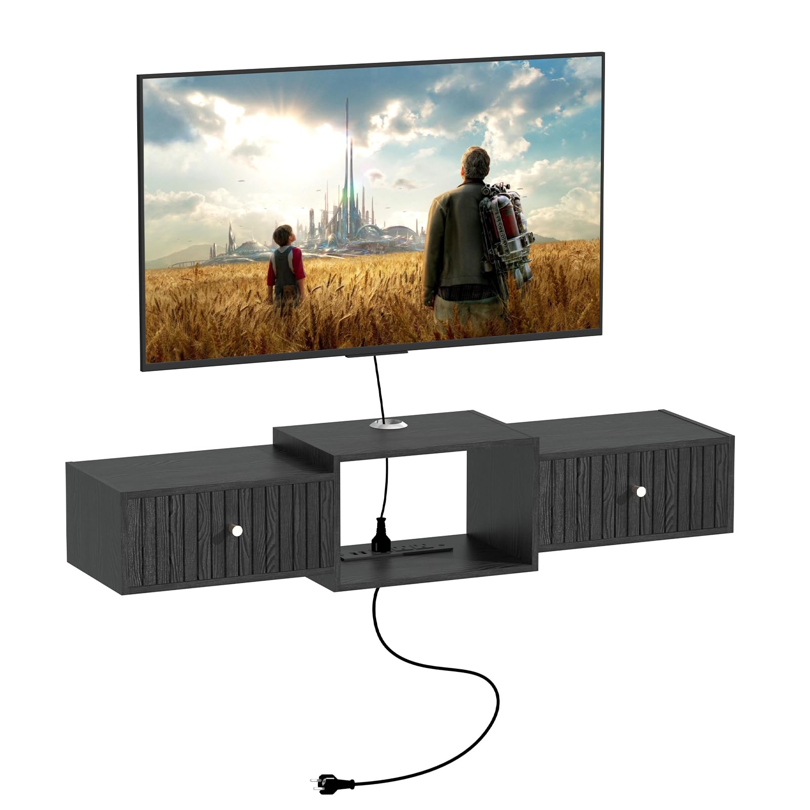 Black Wall Mount Floating Storage TV Stand