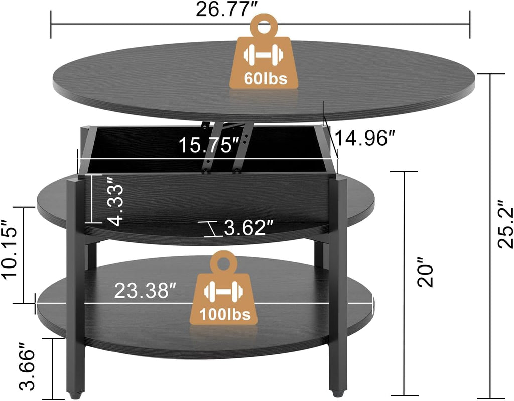 Black Lift Top Round Storage Farmhouse Coffee Table
