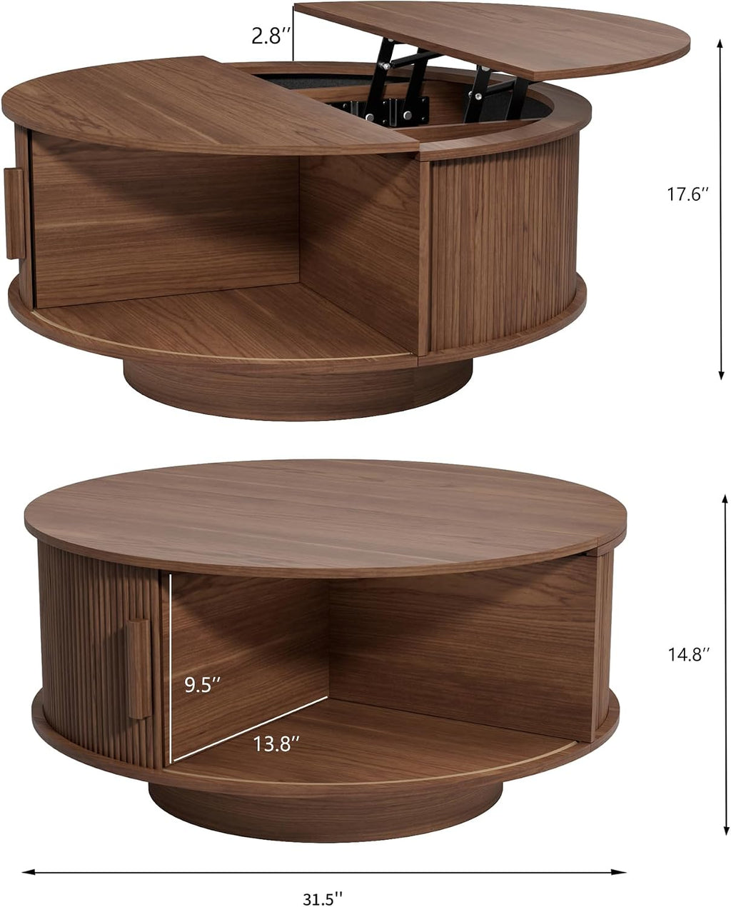 Walnut Fluted Round Lift Top Storage Coffee Table
