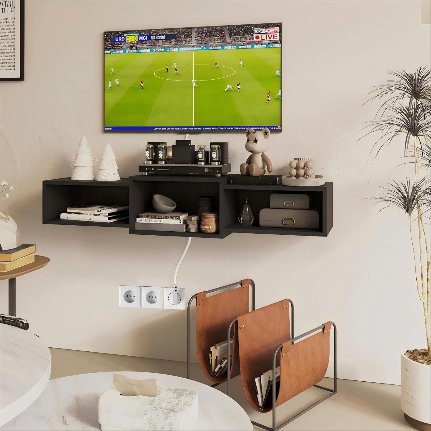 Black Floating TV Stand with Power Outlet