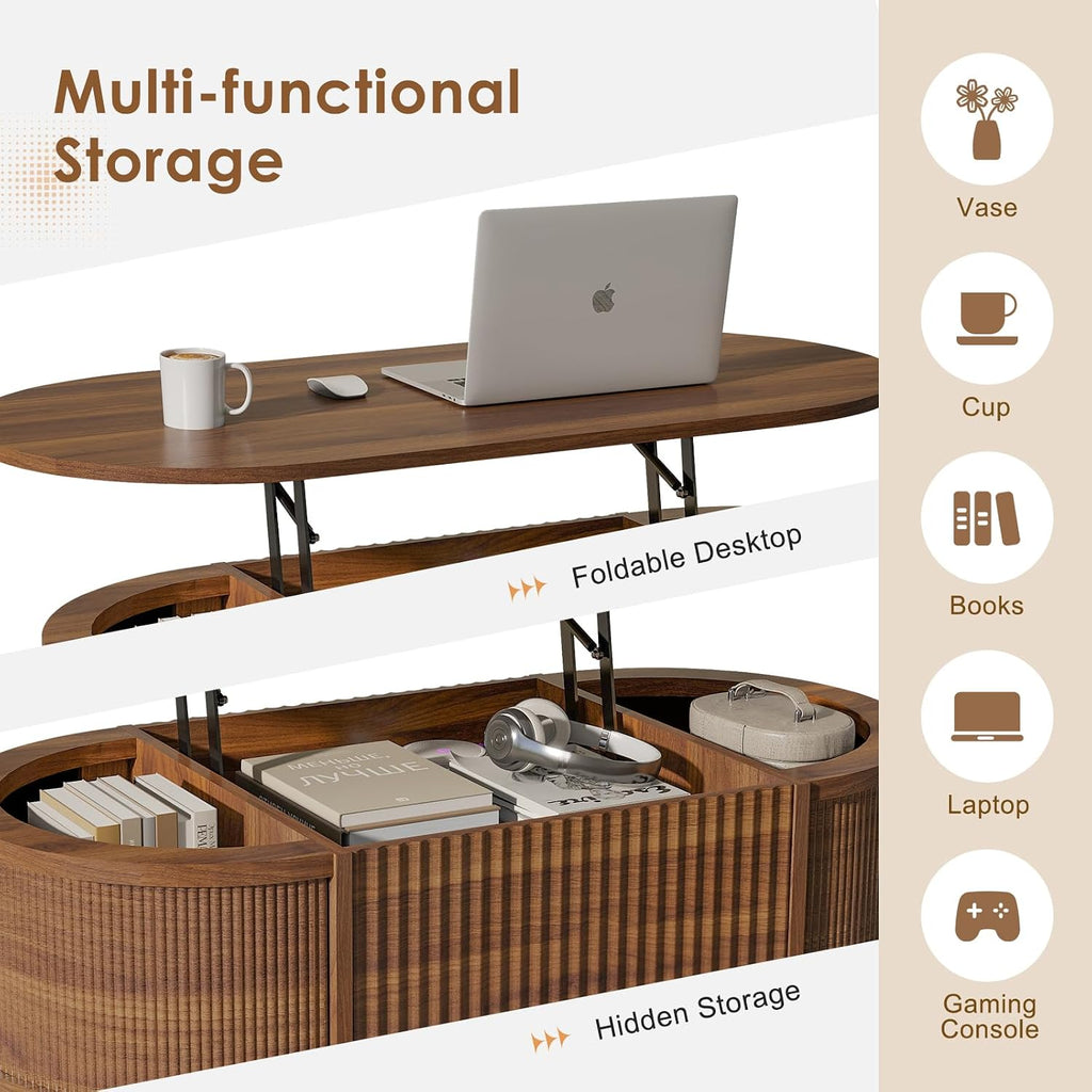 Walnut Fluted Oval Lift Top Storage Coffee Table