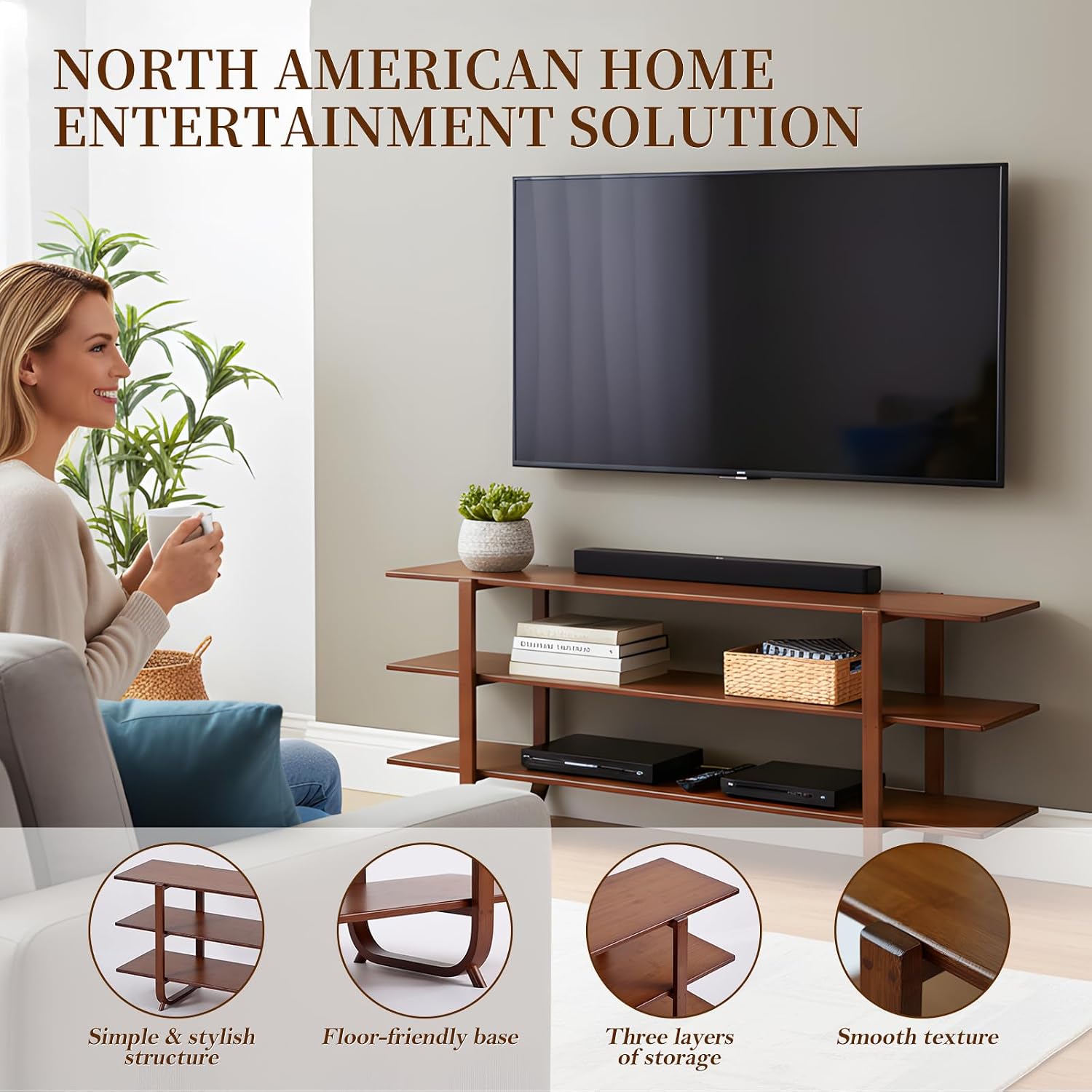 Walnut Bamboo 3-Tier Mid Century TV Stand