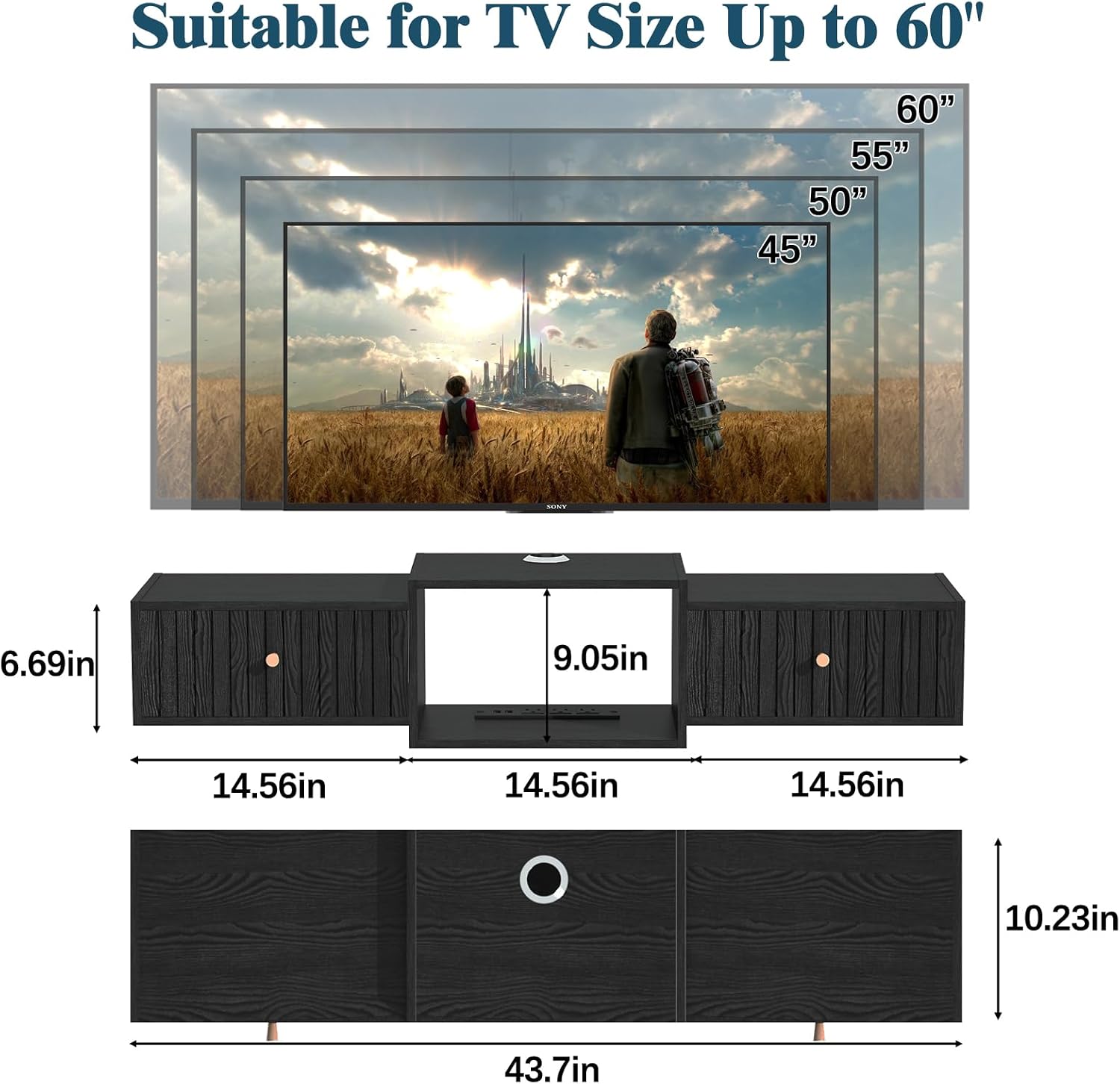 Black Wall Mount Floating Storage TV Stand