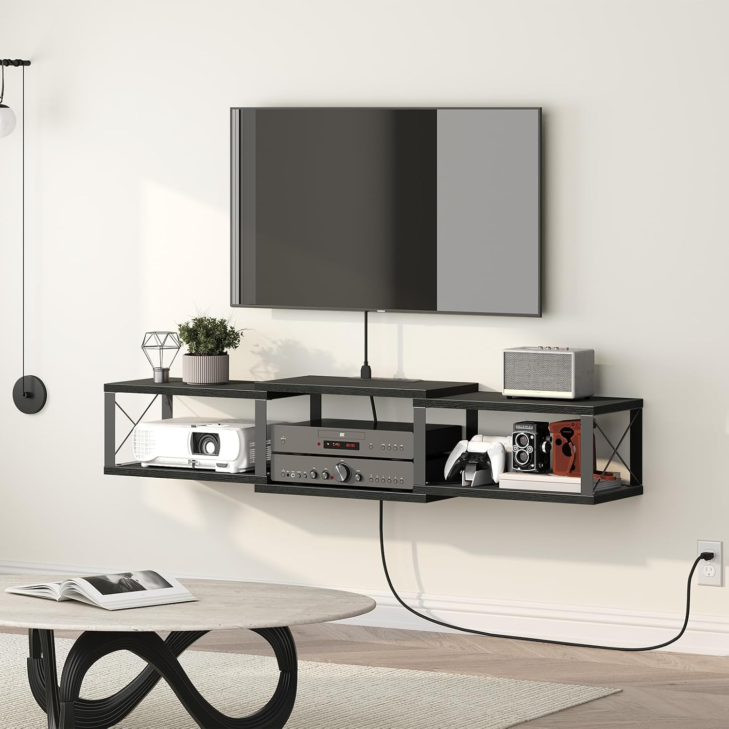 Black Metal Frame Floating TV Stand Outlet