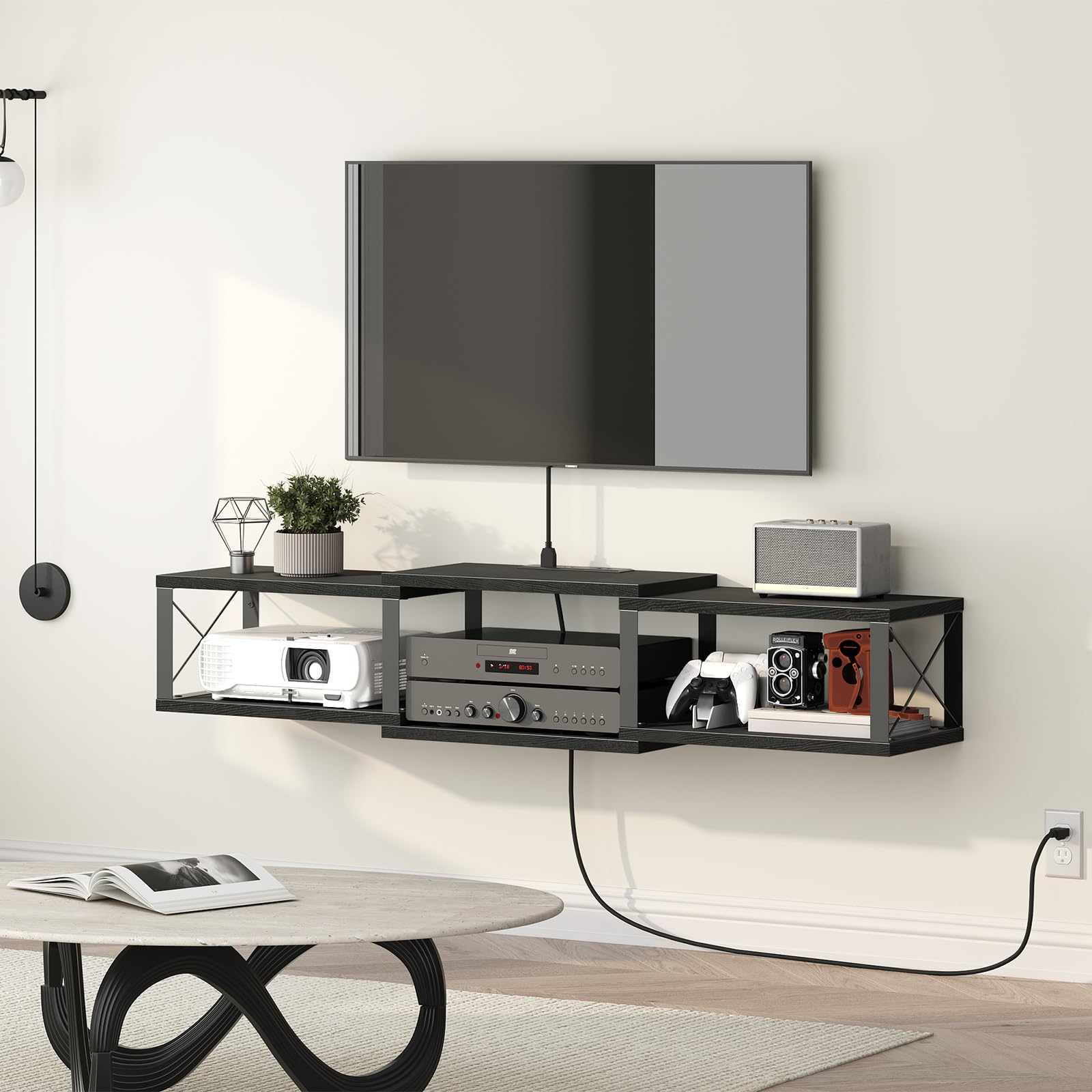 Black Metal Frame Floating TV Stand Outlet