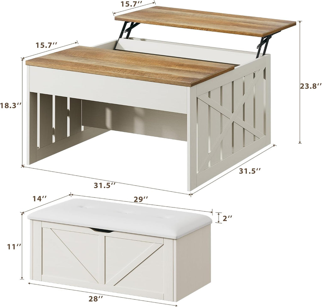 White Farmhouse Lift Top Storage Coffee Table Set
