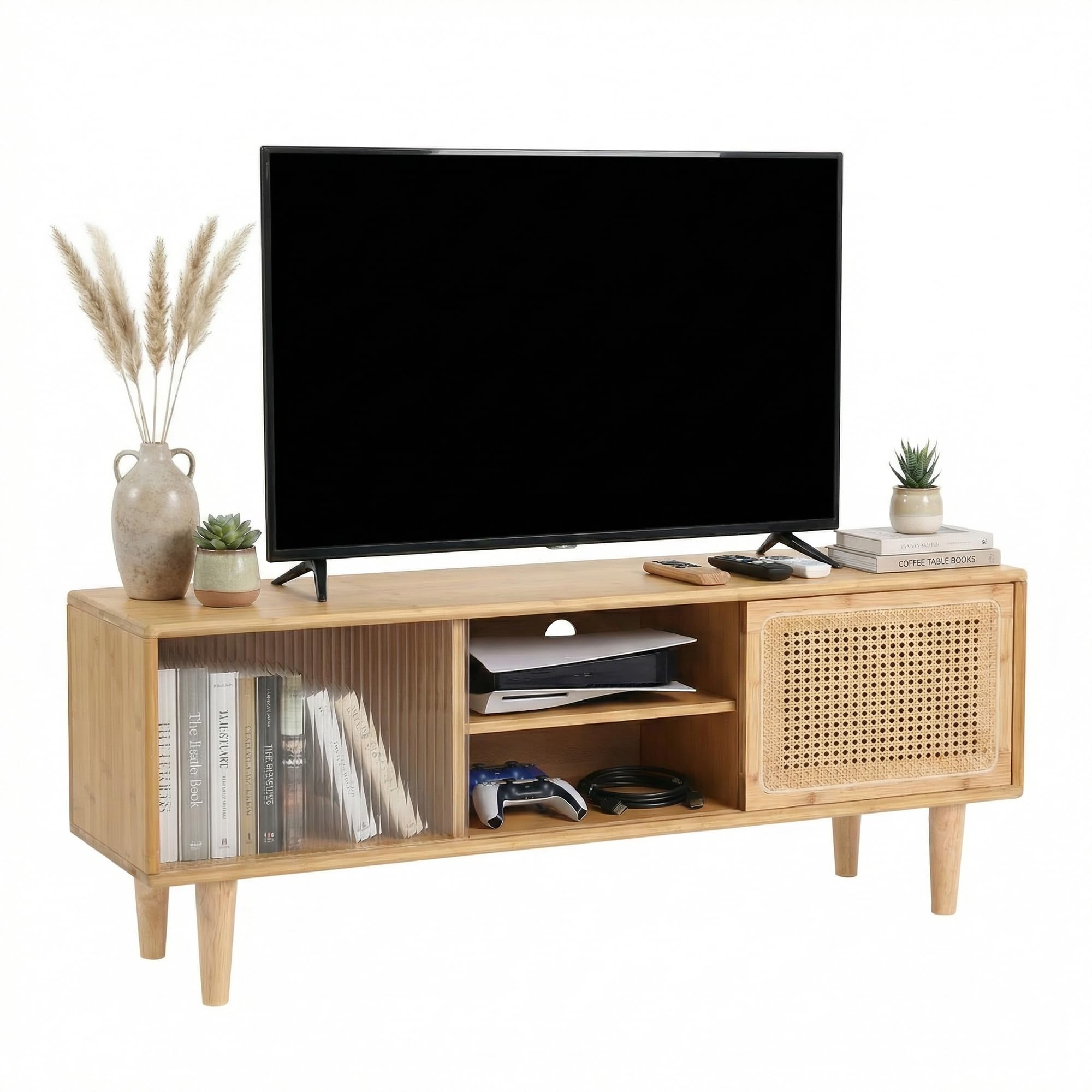 Walnut Bamboo 3-Tier Mid Century TV Stand