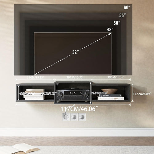 Black Floating TV Stand with Power Outlet