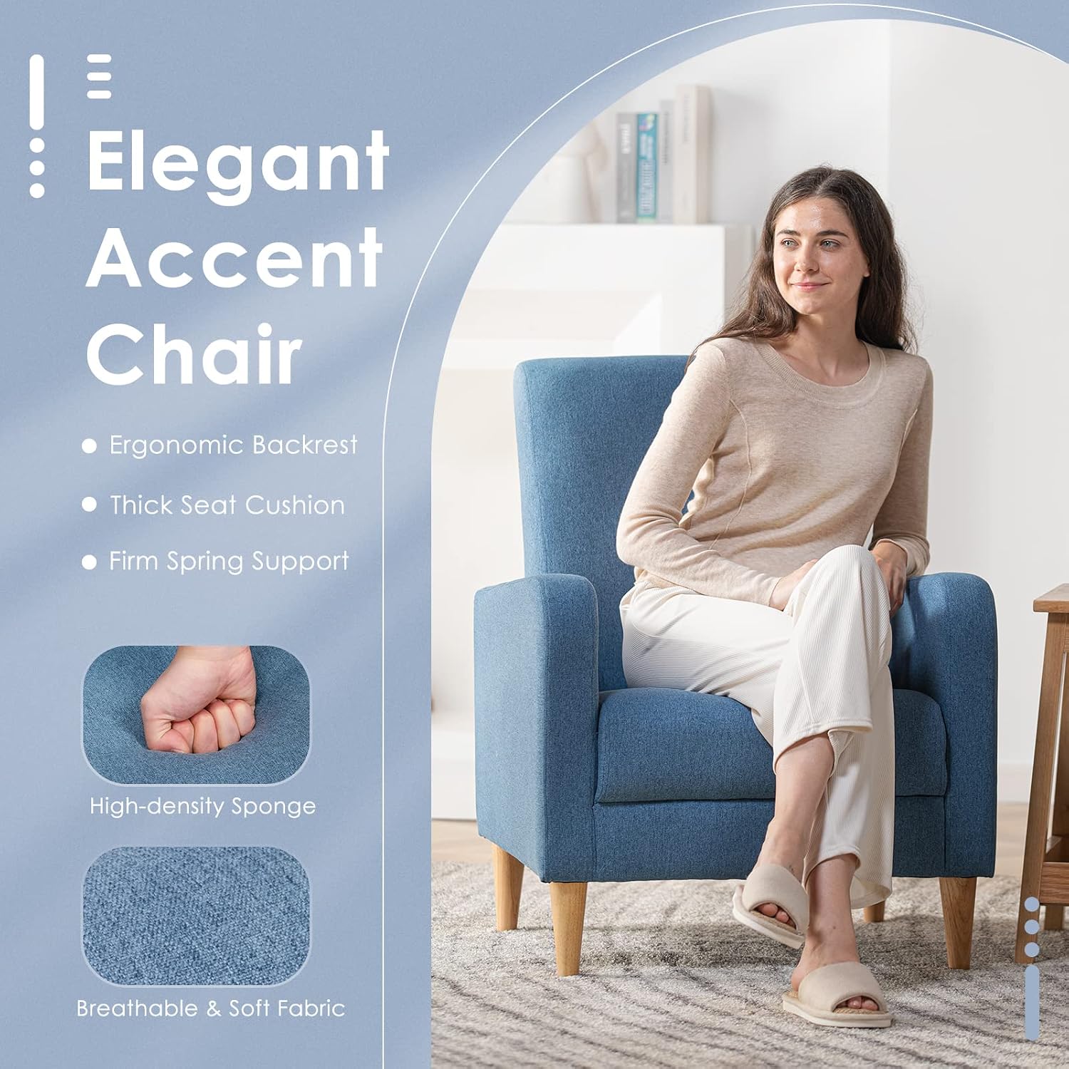 Fabric Wood Leg Accent Chair with Pillow Blue