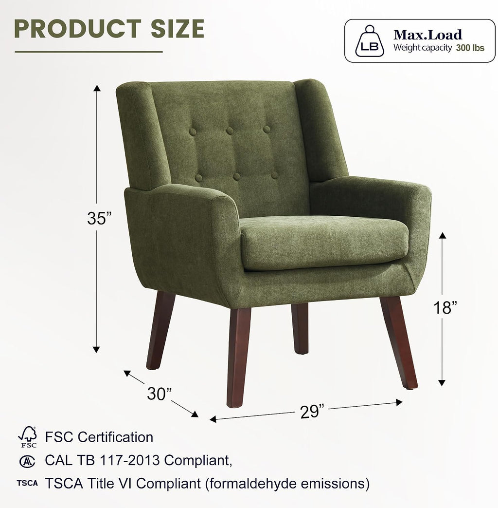 Mid Century Tufted Wood Leg Upholstered Accent Chair