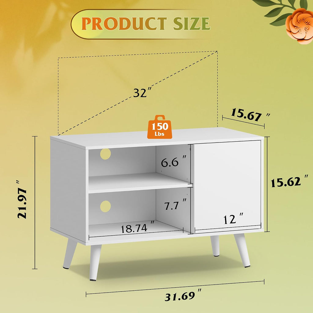 White Mid Century Small Storage TV Stand