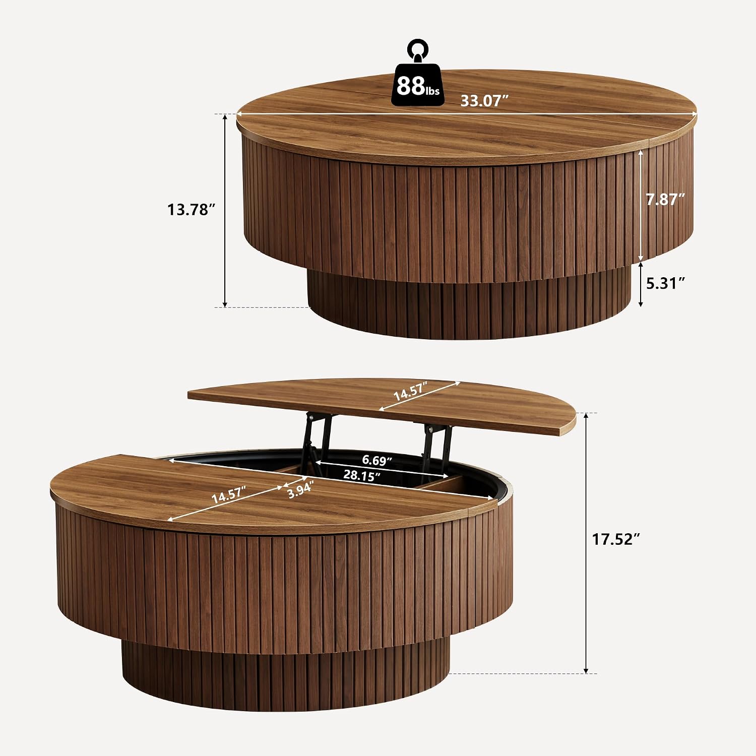 Walnut Fluted Round Lift Top Metal Frame Coffee Table