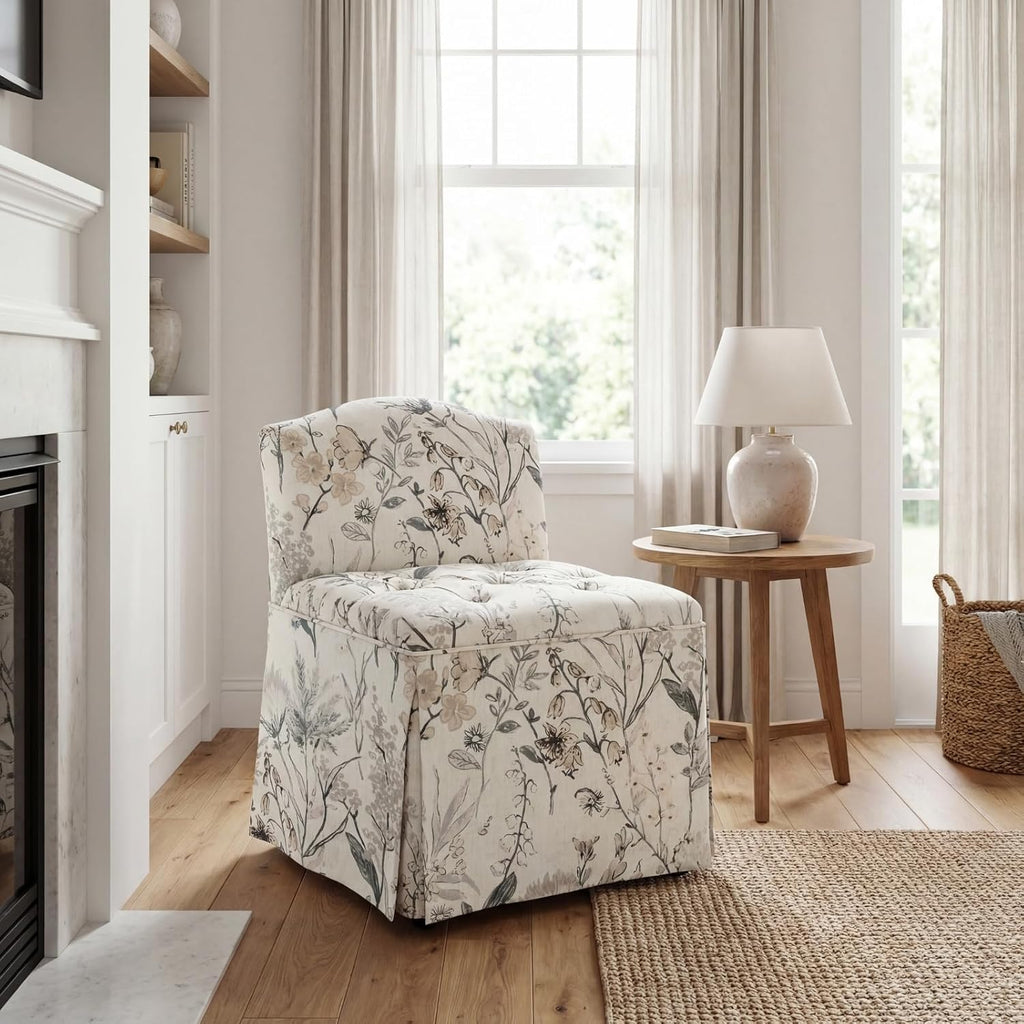 Skirted Tufted Rolling Floral Vanity Accent Chair