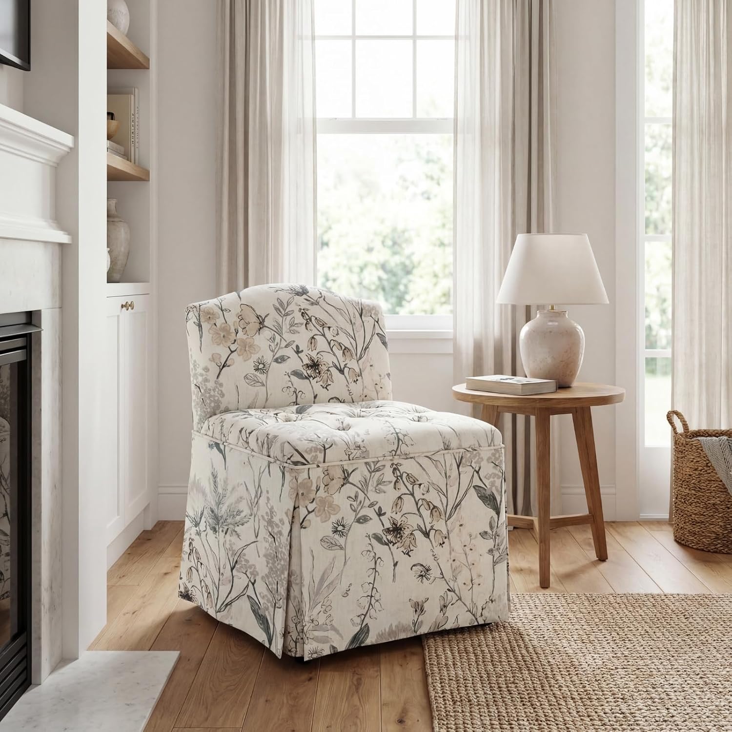 Skirted Tufted Rolling Floral Vanity Accent Chair