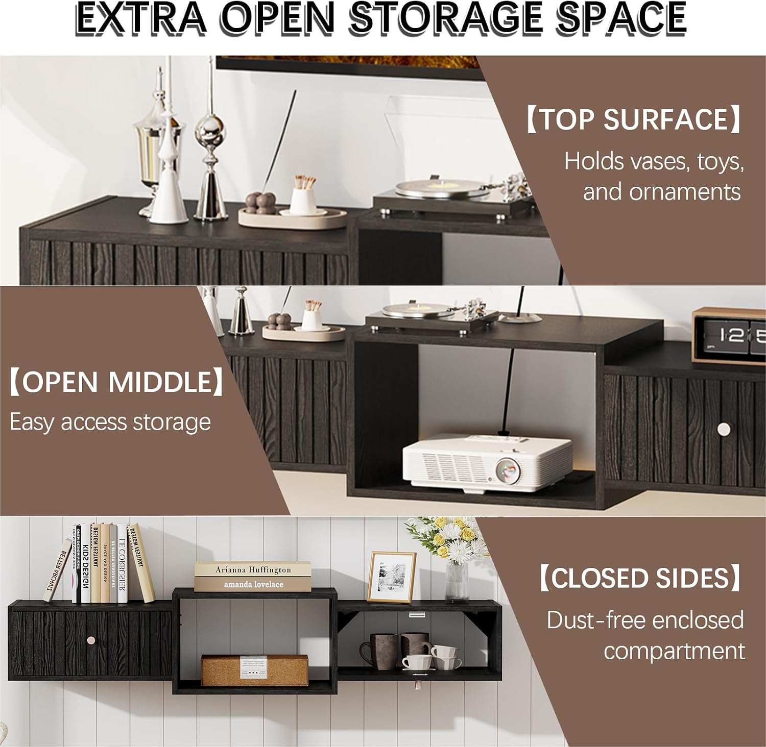 Black Wall Mount Floating Storage TV Stand