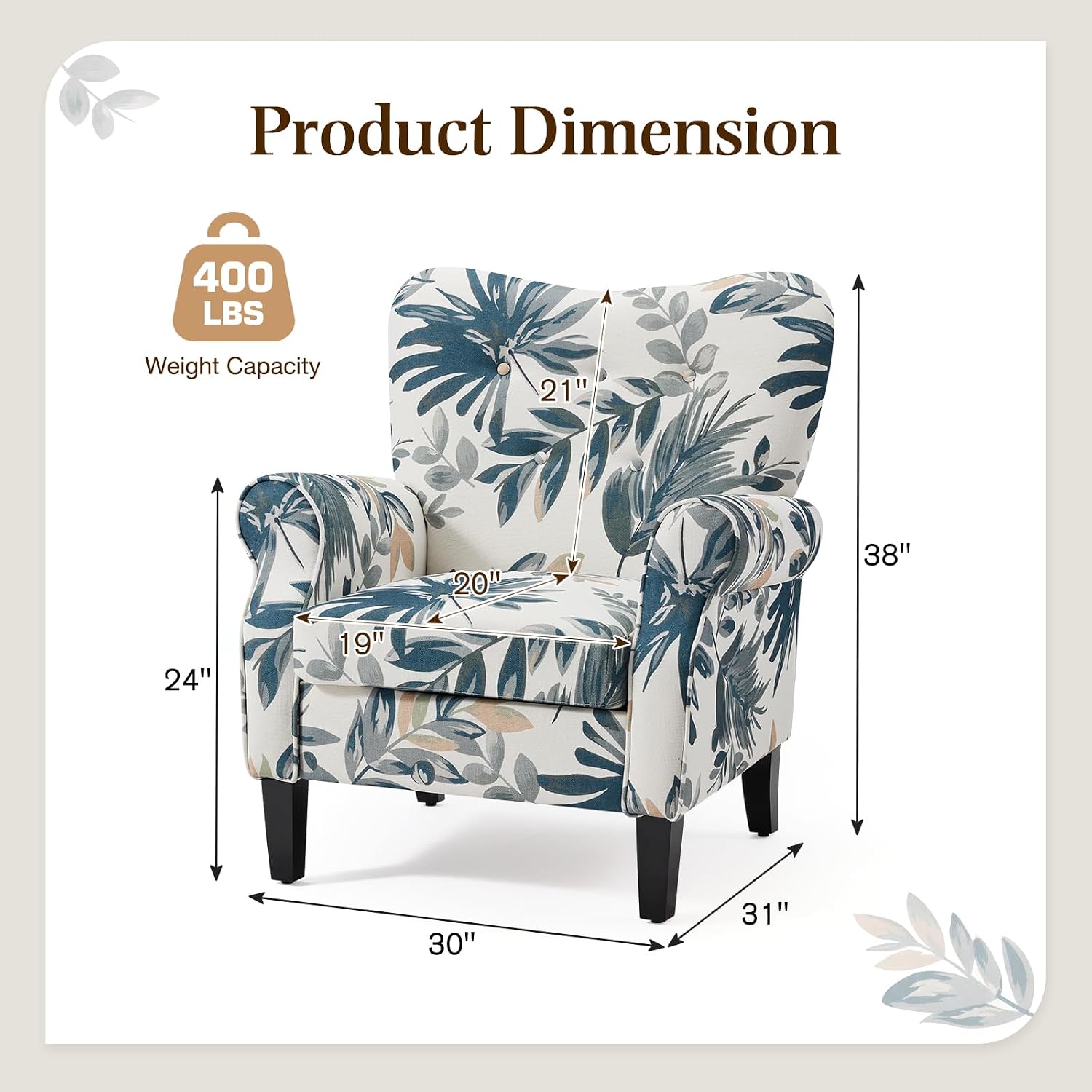 High Back Button Fabric Blue Leaf Accent Chair