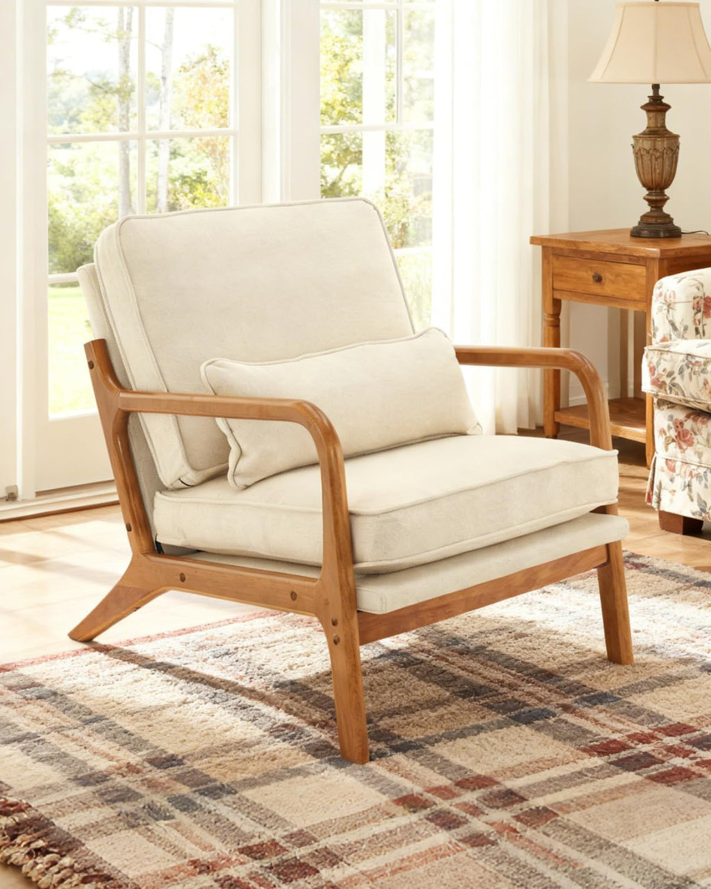 Mid Century Beige Linen Wood Frame Accent Chair