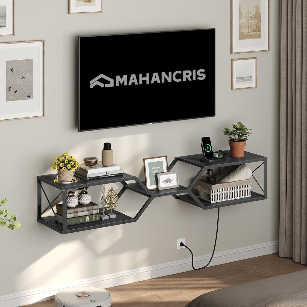 Black Wall Mount Floating TV Stand with Outlet
