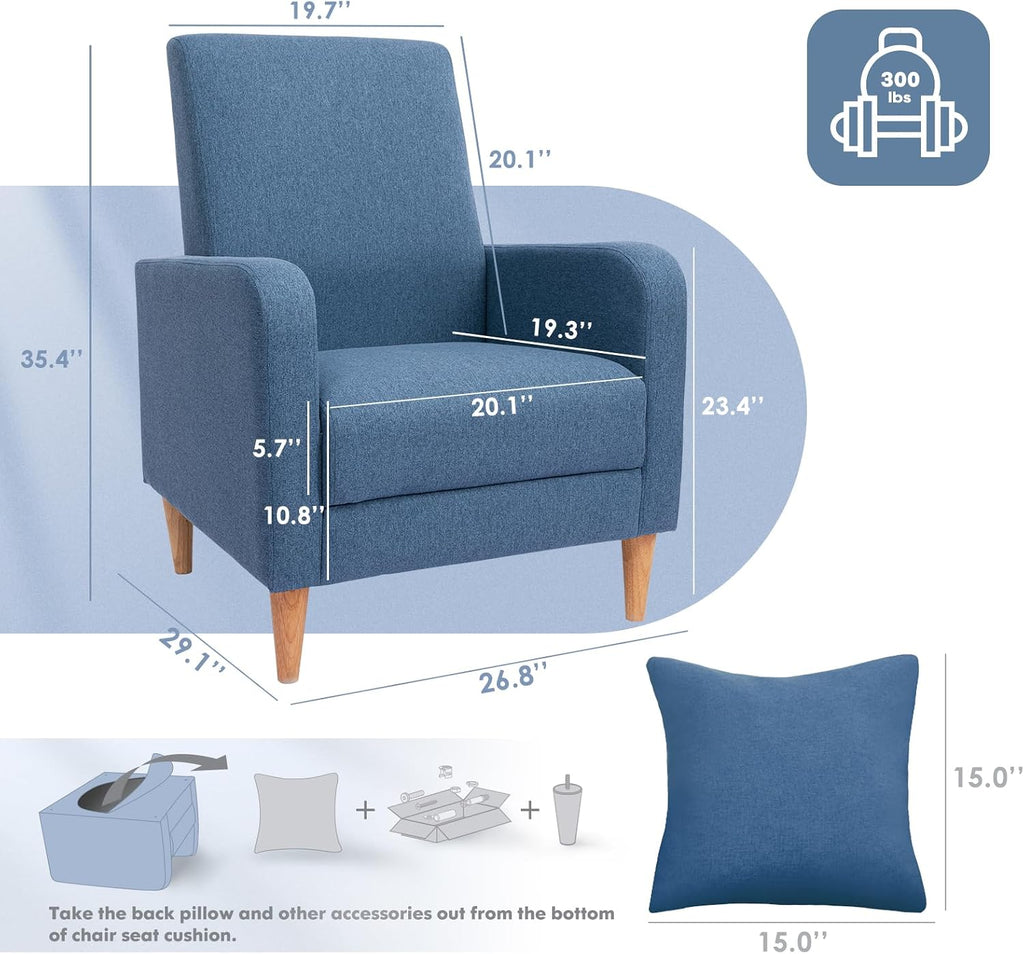 Fabric Wood Leg Accent Chair with Pillow Blue
