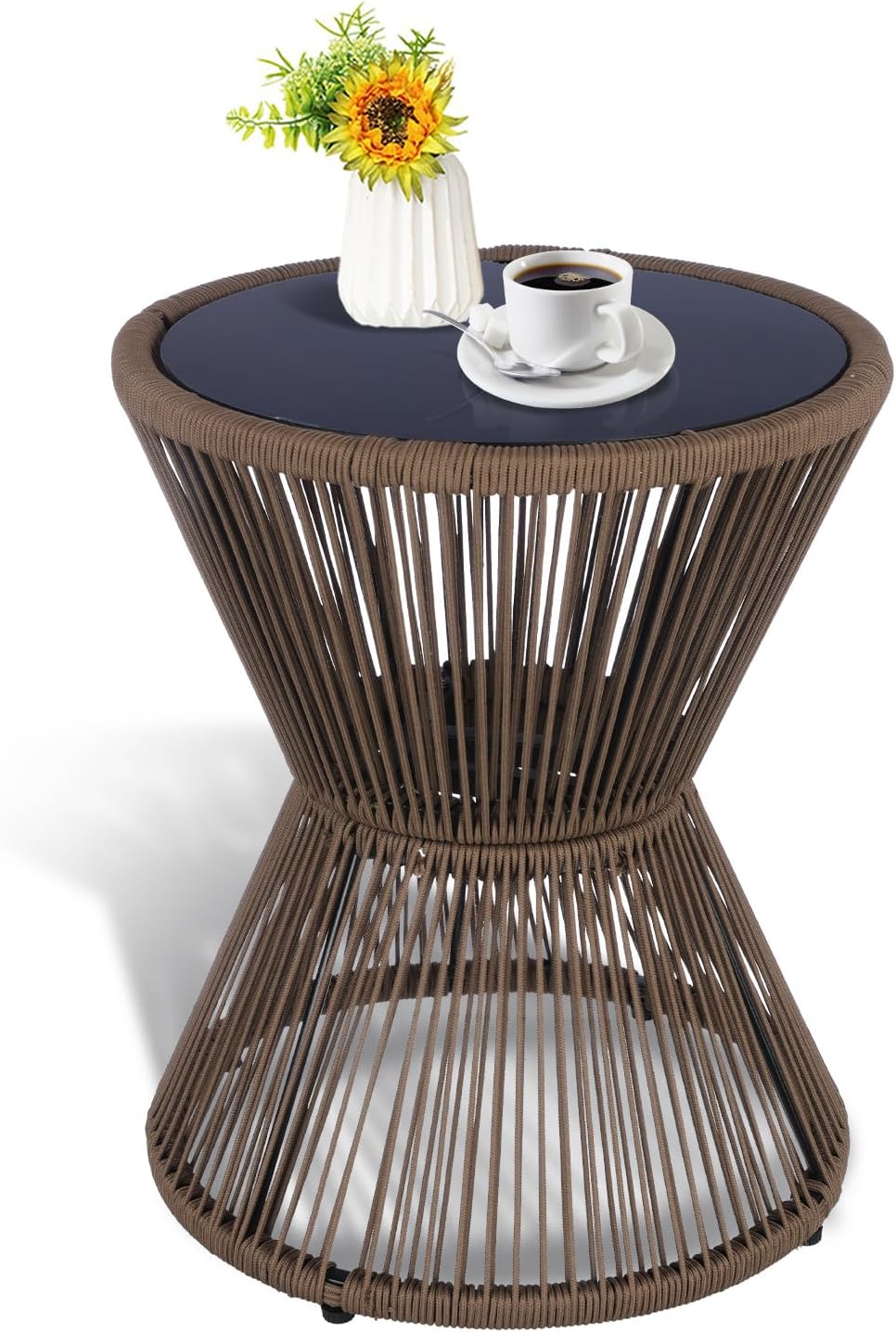 Woven Rope Hourglass Brown Glass Side Table