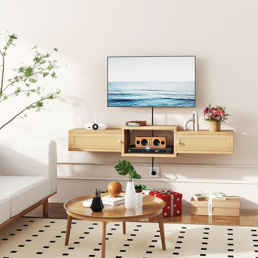 Natural Rattan Floating Storage TV Stand