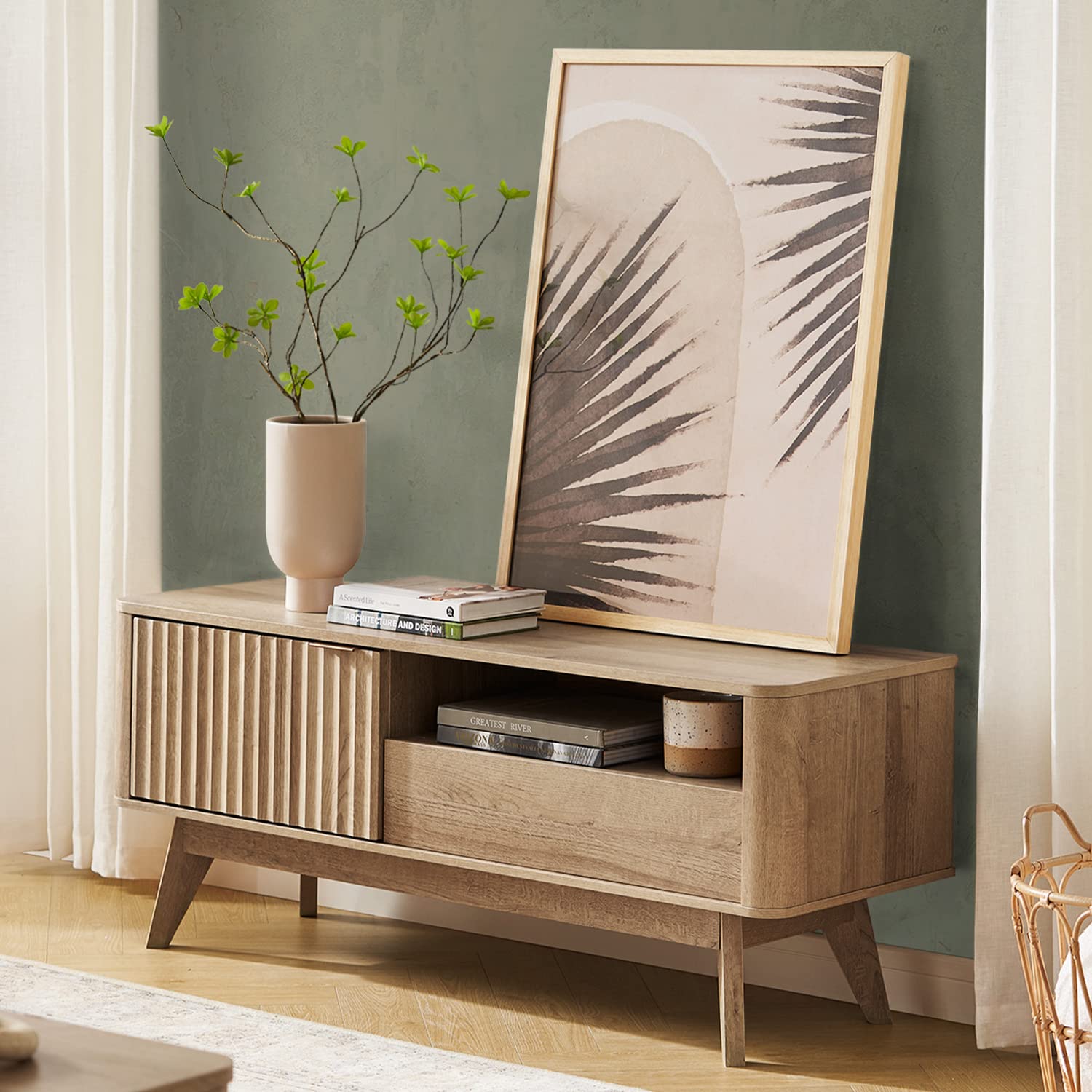 Golden Oak Curved Mid Century TV Stand