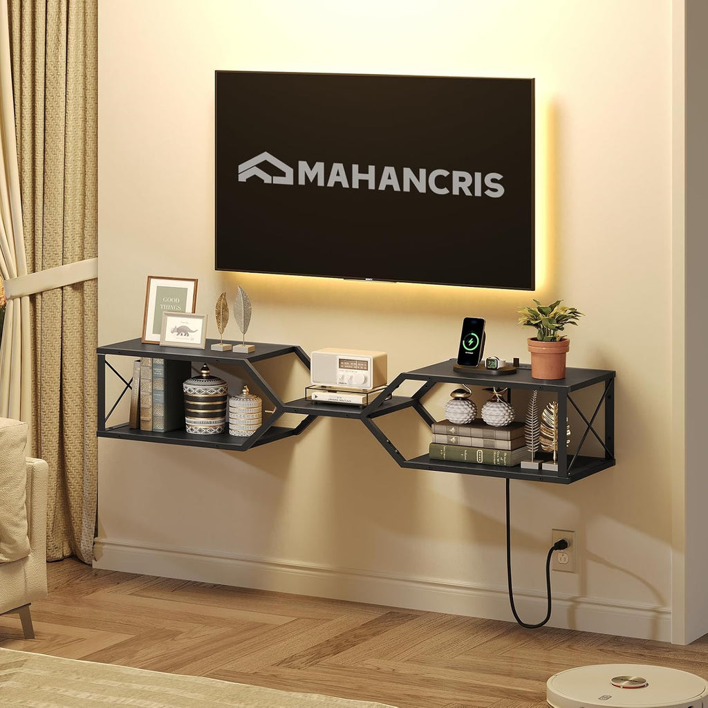 Black Wall Mount Floating TV Stand with Outlet