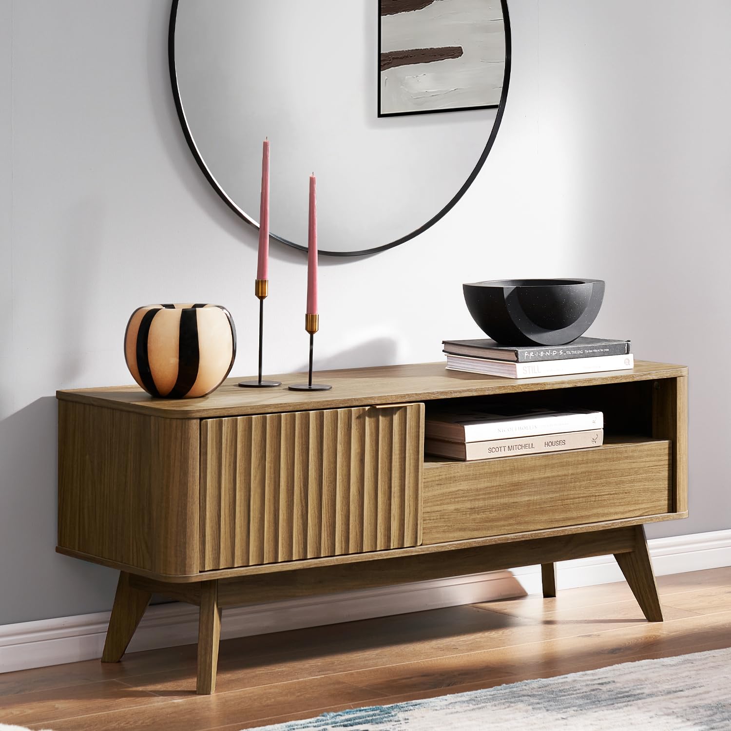 Golden Oak Curved Mid Century TV Stand