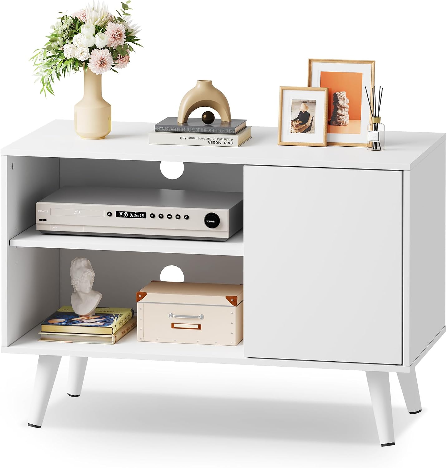 White Mid Century Small Storage TV Stand
