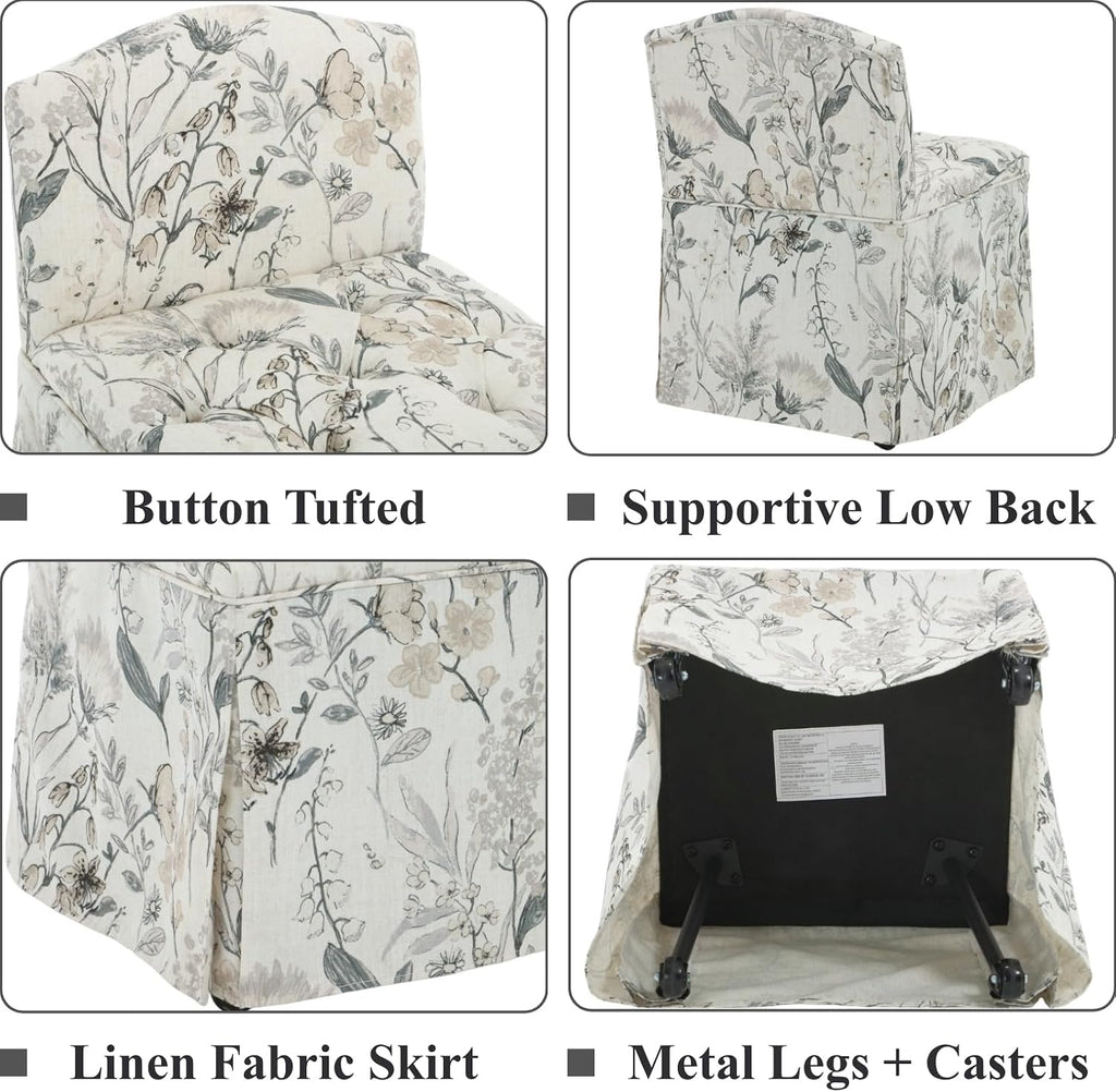 Skirted Tufted Rolling Floral Vanity Accent Chair