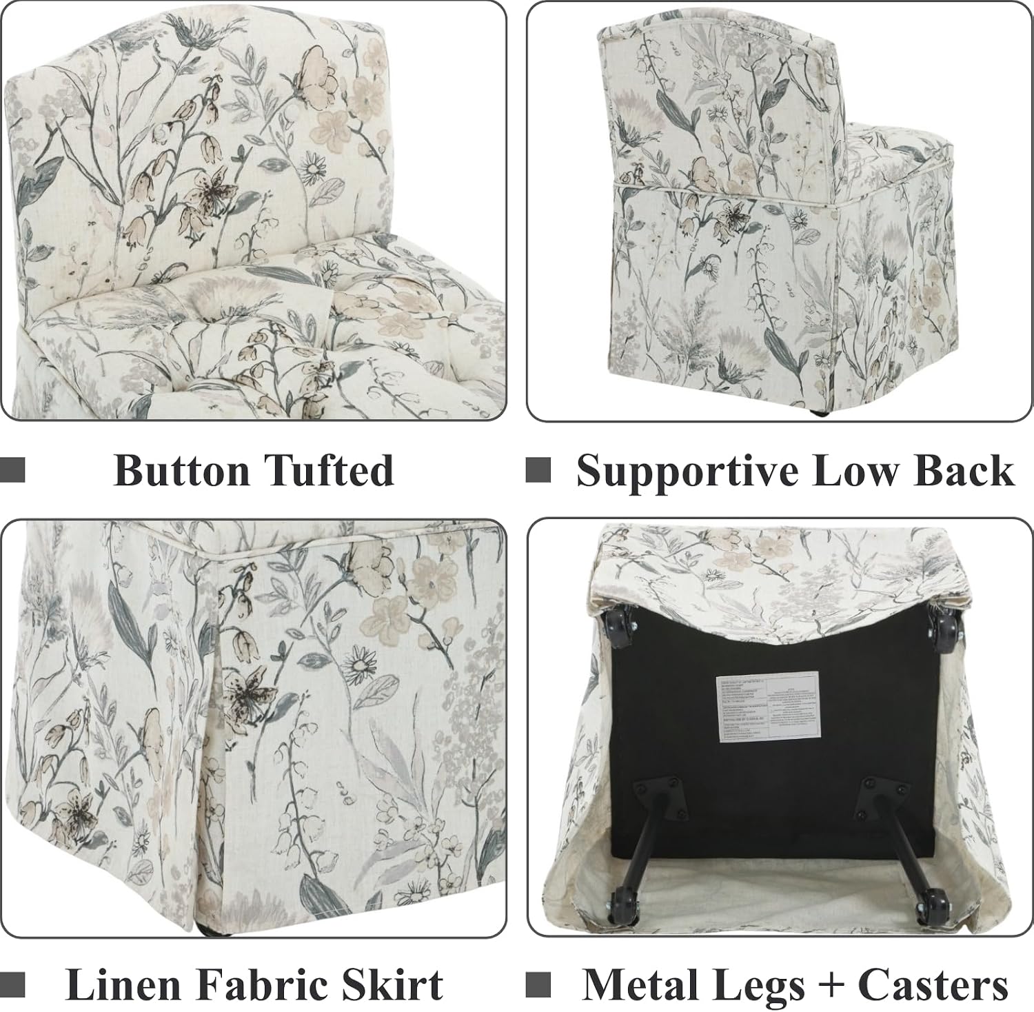 Skirted Tufted Rolling Floral Vanity Accent Chair