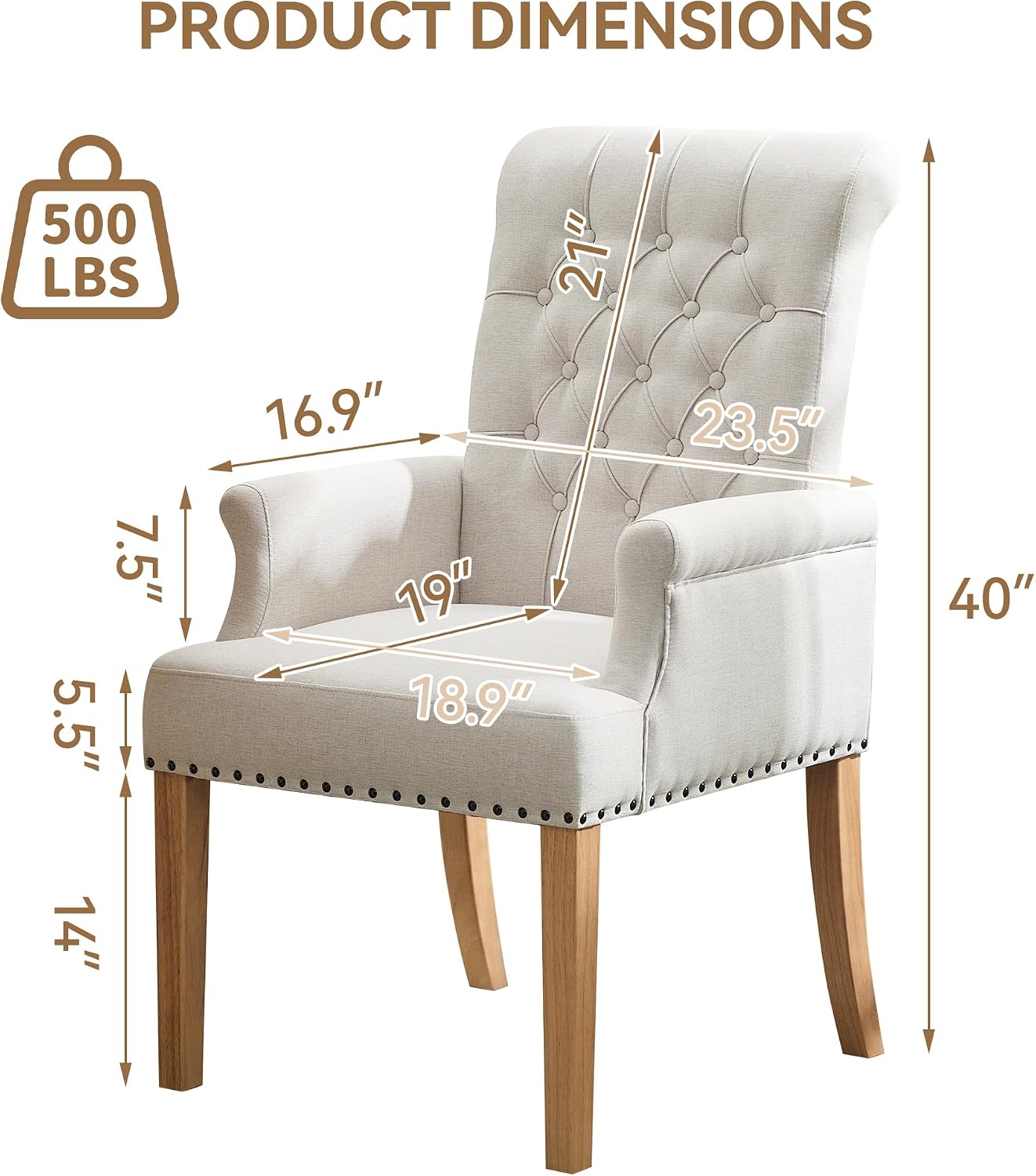 Tufted Nailhead Beige Fabric Arm Dining Chairs