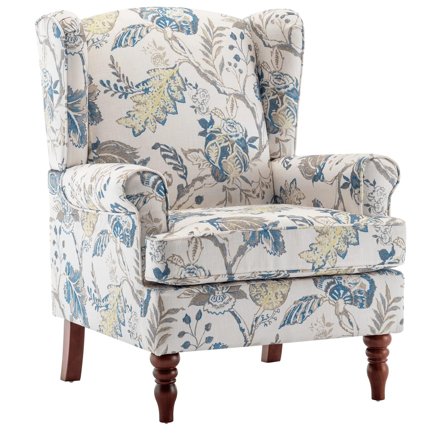 High Back Button Fabric Blue Leaf Accent Chair