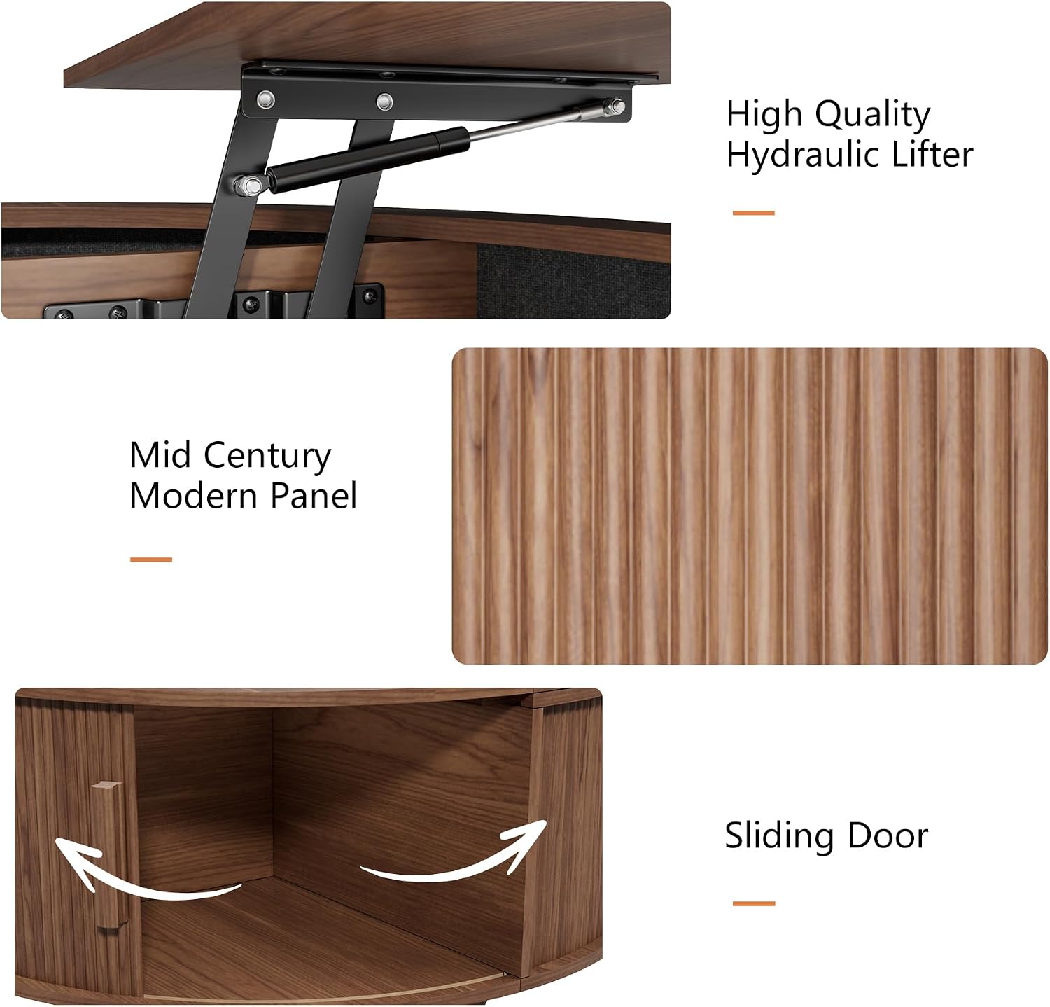 Walnut Fluted Round Lift Top Storage Coffee Table