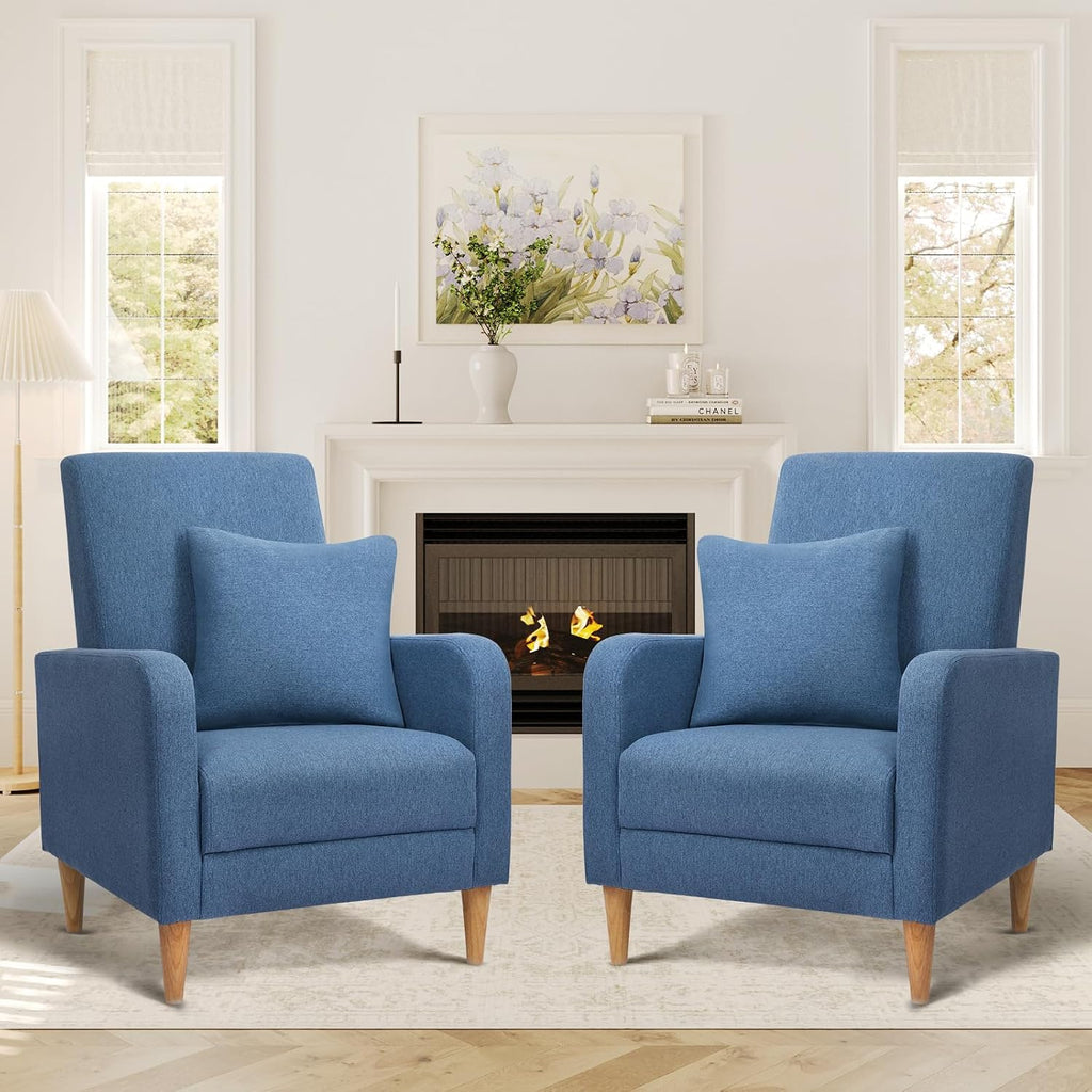 Fabric Accent Chairs Set of 2 Wood Leg Blue
