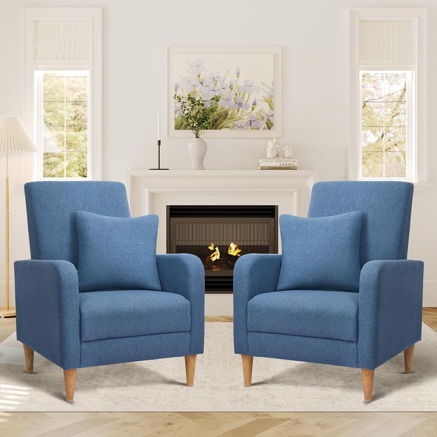Fabric Accent Chairs Set of 2 Wood Leg Blue