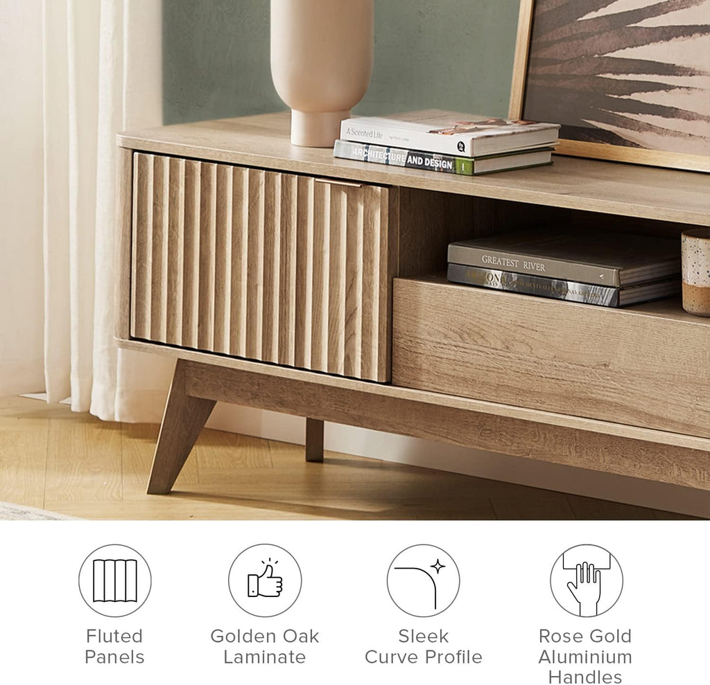 Golden Oak Curved Mid Century TV Stand