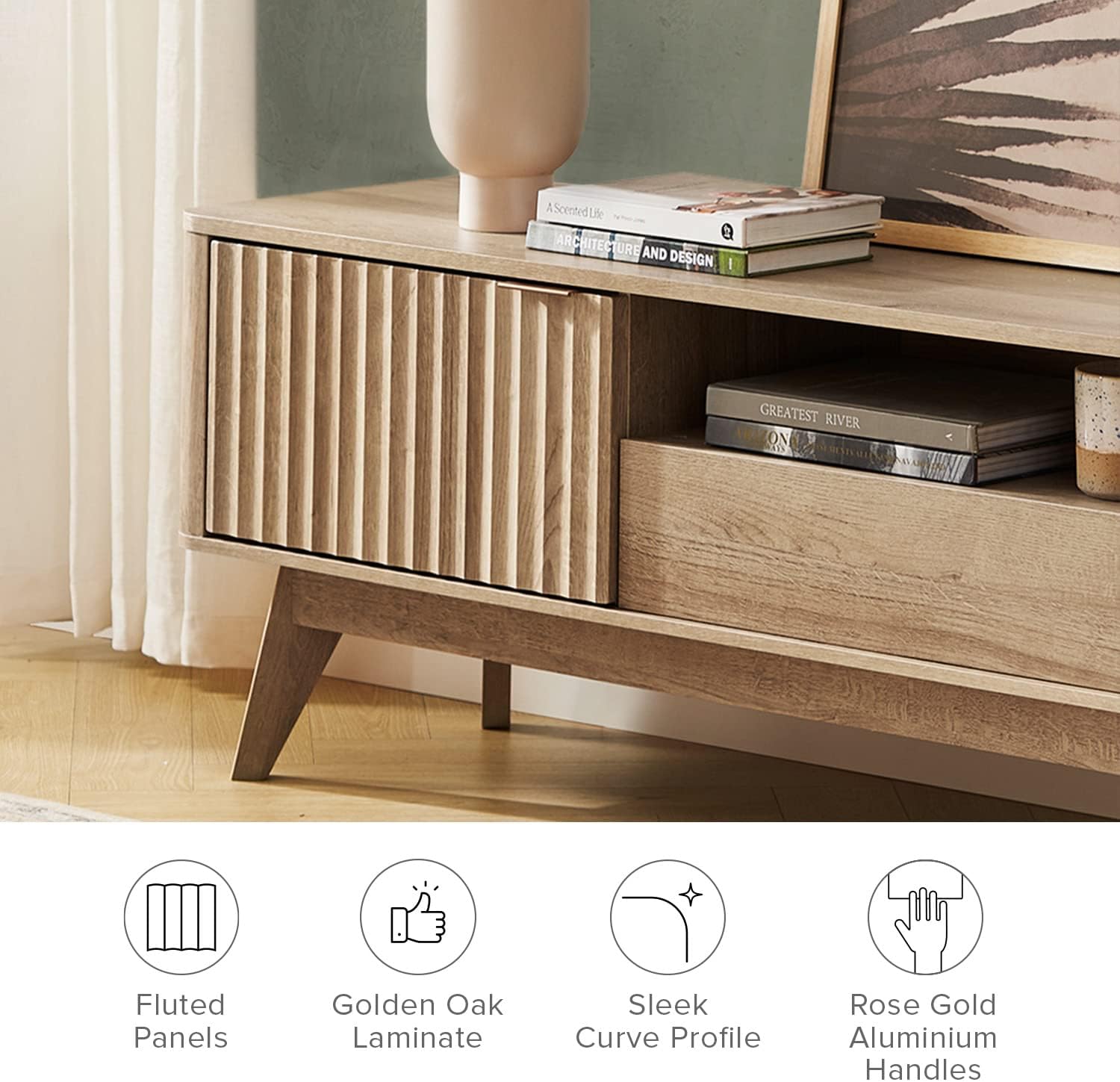 Golden Oak Curved Mid Century TV Stand