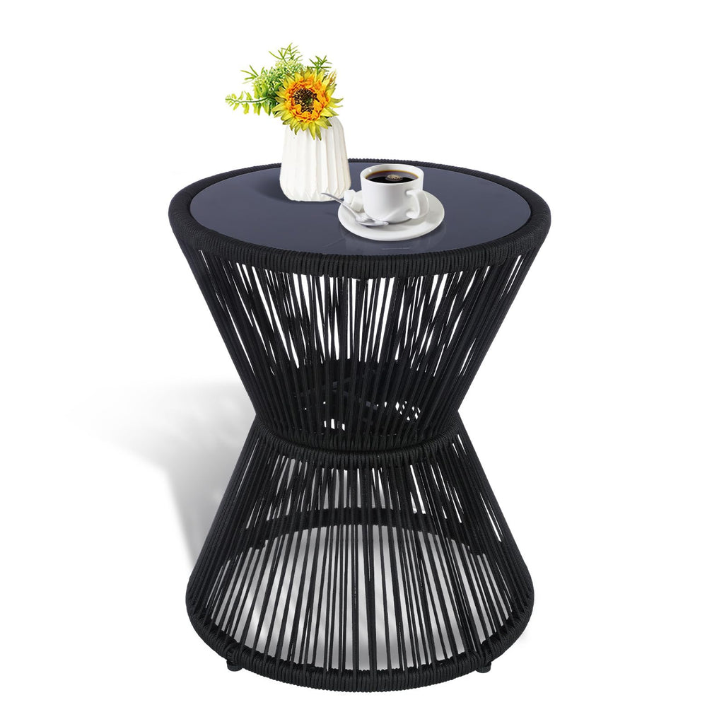 Woven Rope Hourglass Brown Glass Side Table