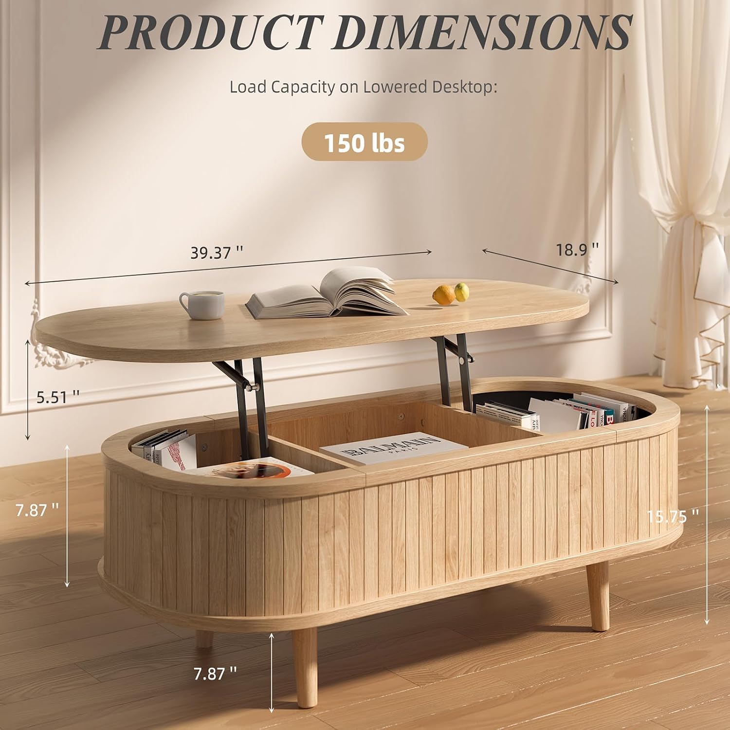 Natural Fluted Oval Lift Storage Coffee Table