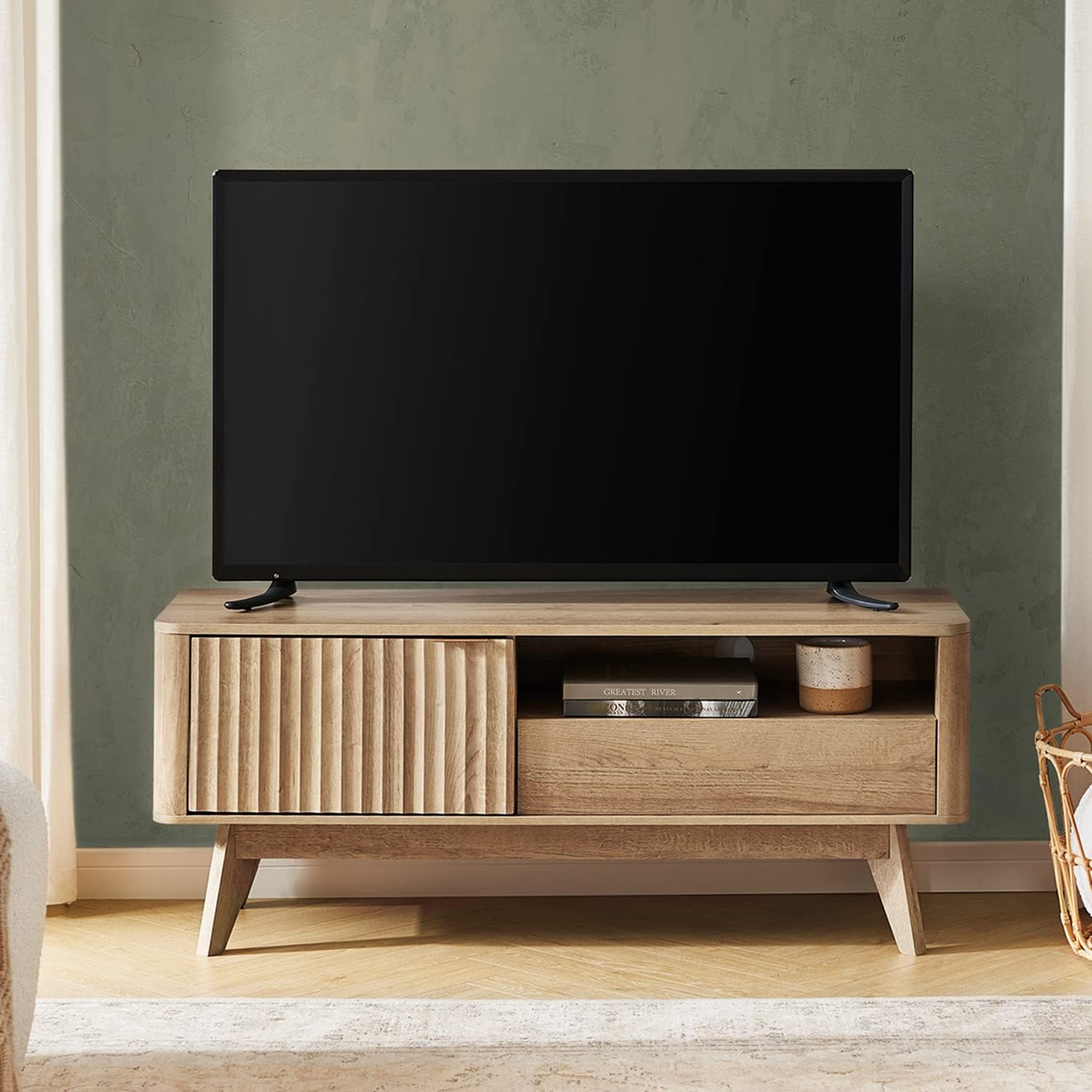 Golden Oak Curved Mid Century TV Stand