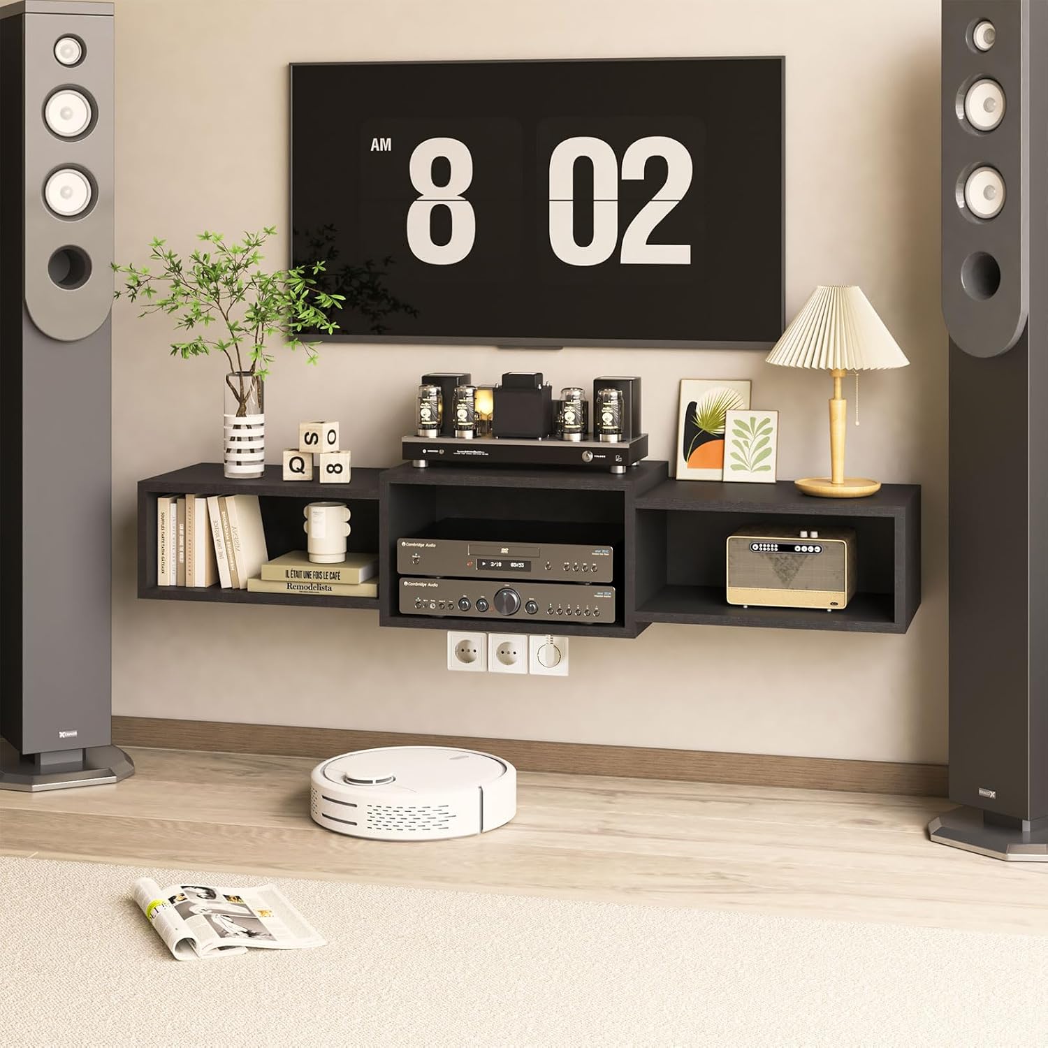 Black Floating TV Stand with Power Outlet