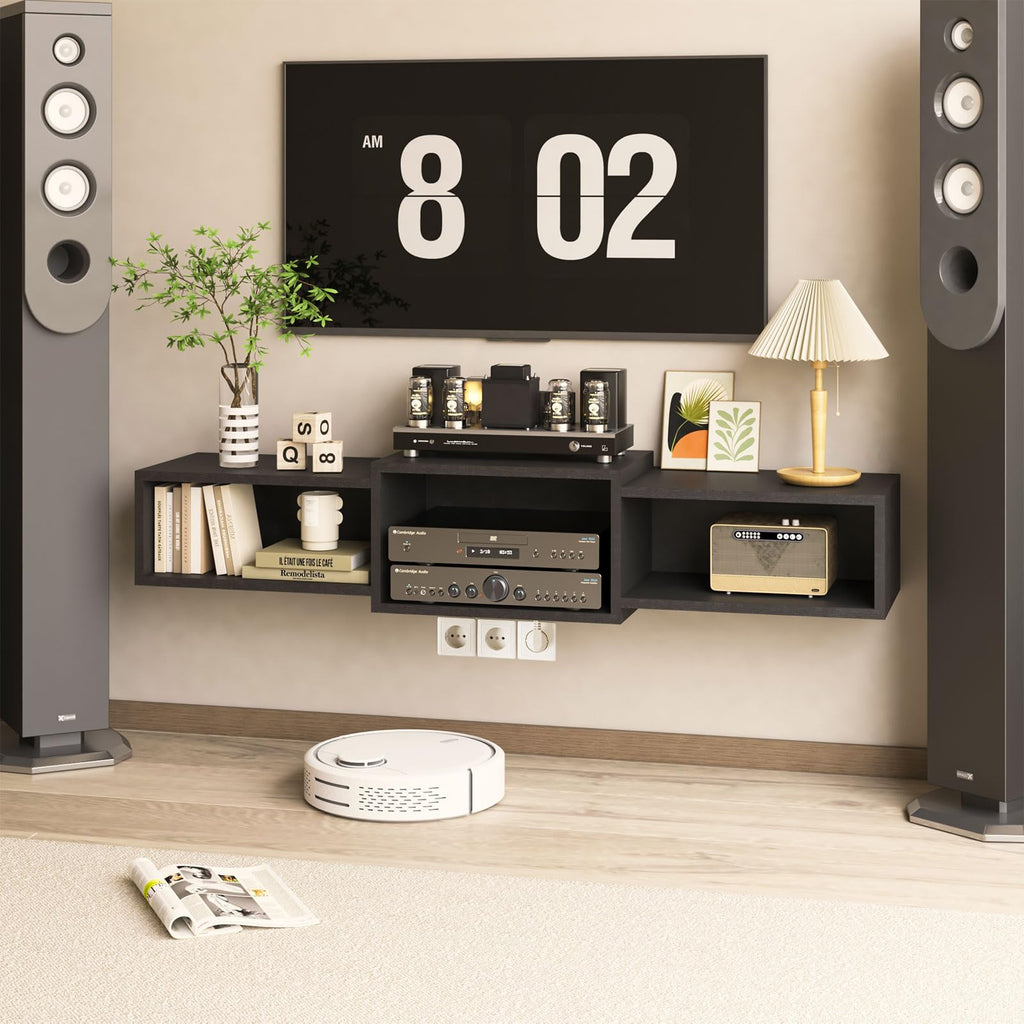 Black Floating TV Stand with Power Outlet