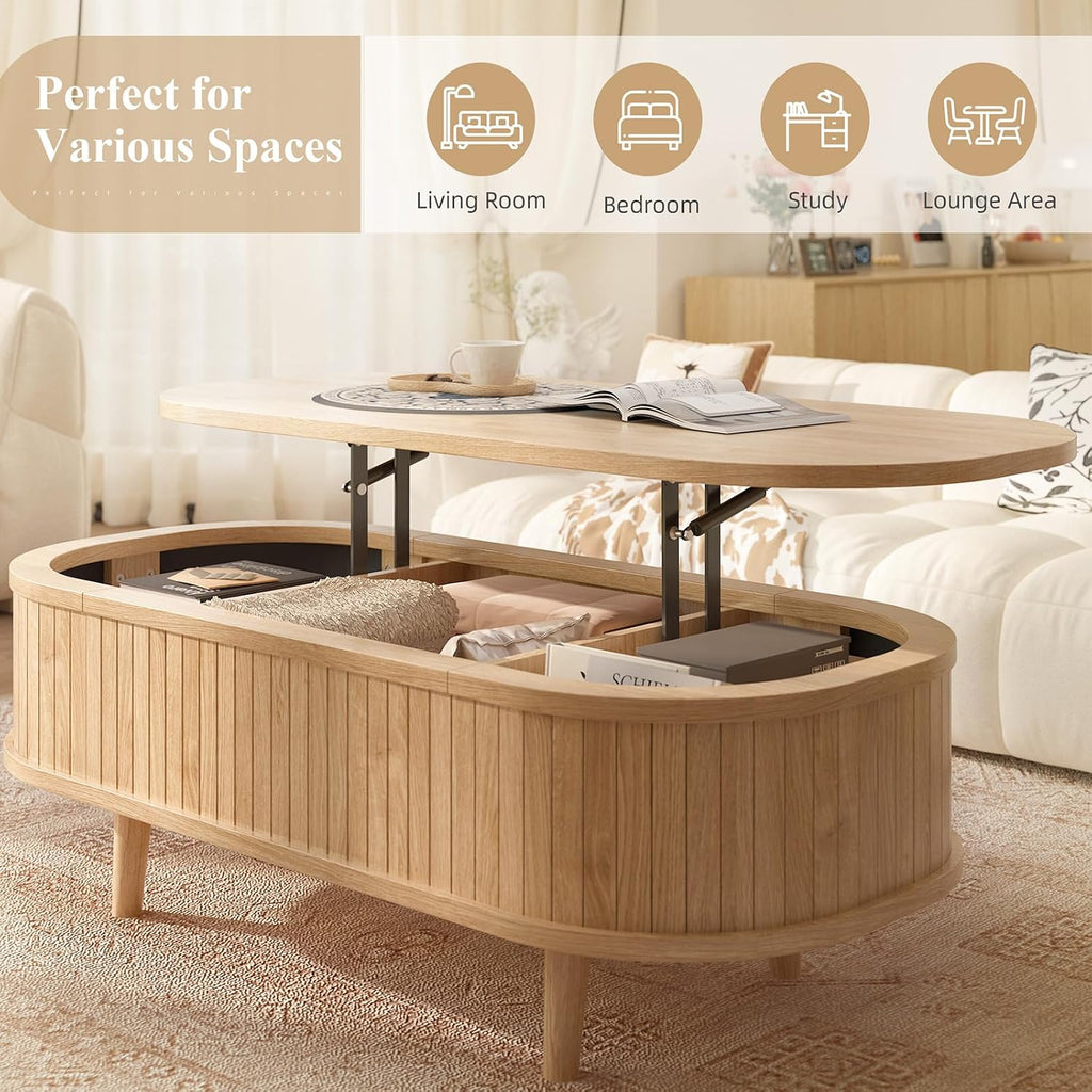 Natural Fluted Oval Lift Storage Coffee Table